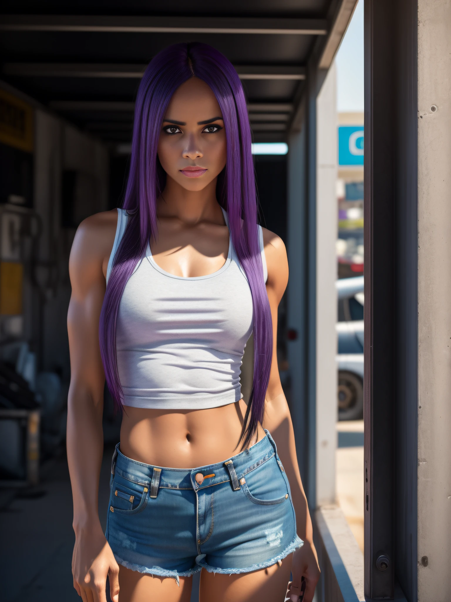, turanga leela, masterpiece, best quality, 1girl, solo, purple hair, ponytail, hand on hip, tank top, pants, breasts, makeup, lipstick,, medium breasts, standing, lips, cowboy shot, one-eyed, outdoors, white shirt, cyclops