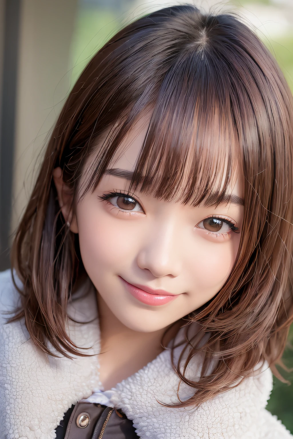 (Highly detailed CG Unity 8k wallpaper, of the highest quality, Ultra-detailed, High resolution, masutepiece, Realistic, Photorealistic:1.5), (Detailed face of cute Japanese girl, Face Focus, Beautiful detailed eyes, Eye focus, (Detailed background), detailed  clothes, super detailed skin, (Wear cute clothes or skirts:1.6), (wearing a plump and fluffy coat:1.5), (Sidewalks in Shibuya:1.5), Midi wavy hair, Brown hair, Floating hair, medium breasts⁩, morning、how to wake up correctly), (Adorable smile:1.3), (Looking at Viewer:1.4), ((Dynamic Pose)), (Yuki:1.6),