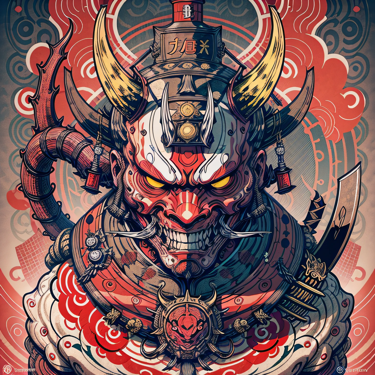 Hannya mask style of 0mib, illustrator, masterpiece, high quality, 8k, high resolution, high detailed, Japanese, samurai