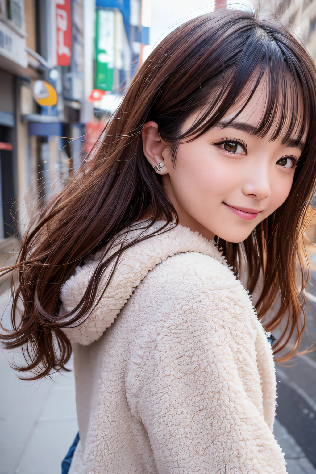 (Highly detailed CG Unity 8k wallpaper, of the highest quality, Ultra-detailed, High resolution, masutepiece, Realistic, Photorealistic:1.5), (Detailed face of cute Japanese girl, Face Focus, Beautiful detailed eyes, Eye focus, (Detailed background), detailed  clothes, super detailed skin, (Wear cute clothes or skirts:1.6), (wearing a plump and fluffy coat:1.5), (Sidewalks in Shibuya:1.5), Midi wavy hair, Brown hair, Floating hair, medium breasts⁩, morning、how to wake up correctly), (Adorable smile:1.3), (Looking at Viewer:1.4), ((Dynamic Pose)), (Yuki:1.6),