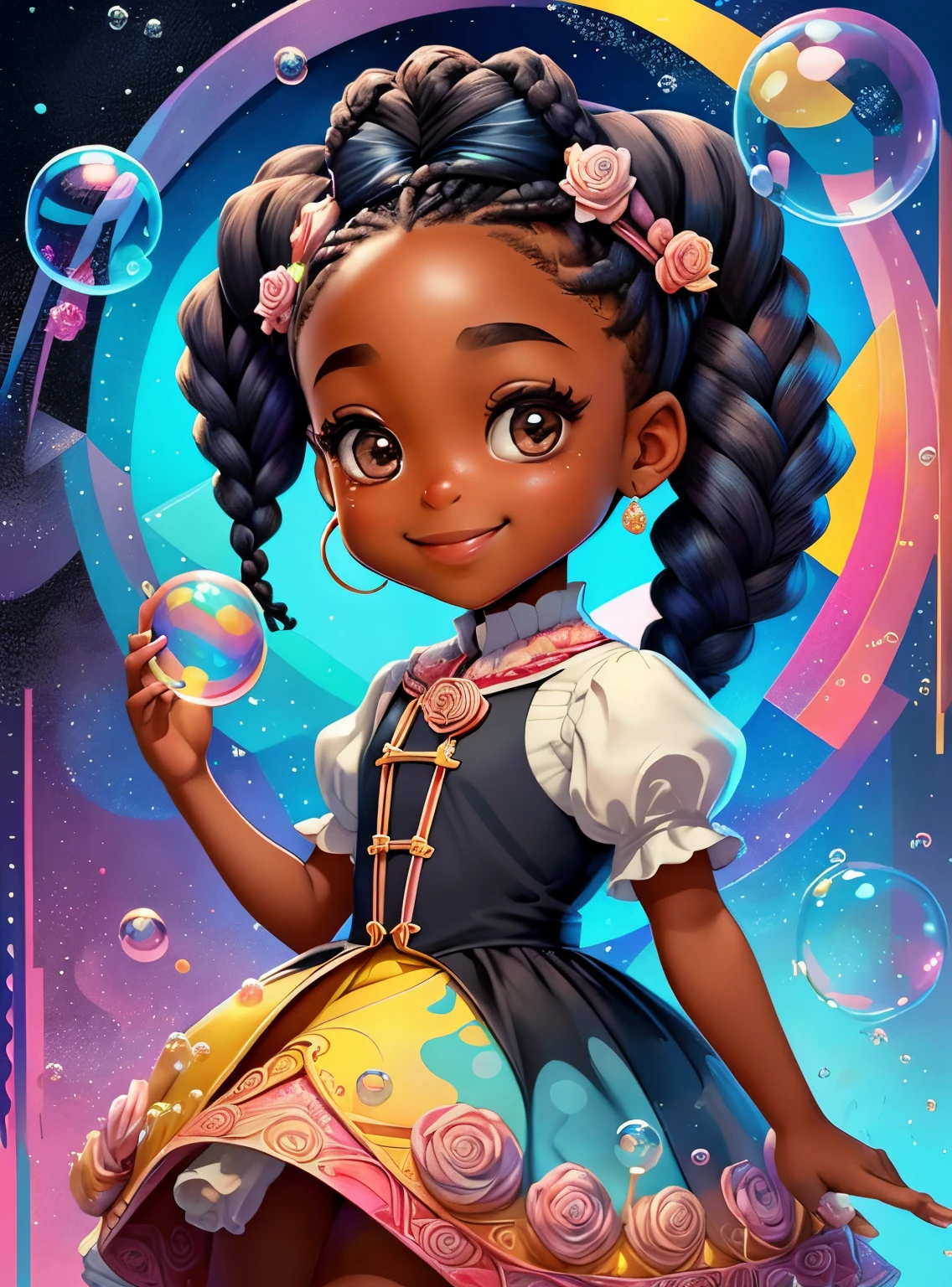 ((cute black girl with braids smiling playing with soap bubbles)) - Criador: Walt Disney2023) ), ,, ( Walt Disney acolchoamento ,multidimensional geometric wall PORTRAIT, arte, Chibi,
Yang08k, lindo, Colouring,Rose
Primary works, qualidade superior, melhor qualidade, Arte Oficial, Beautiful and Aesthetic,)) ), ,,  Walt Disney acolchoamento ,multidimensional geometric wall PORTRAIT, arte, Chibi,
Yang08k, lindo, (Colouring, rosa), amarelo ,azul ,vermelho e branco)
Primary works, qualidade superior, melhor qualidade, Arte Oficial, Beautiful and Aesthetic,