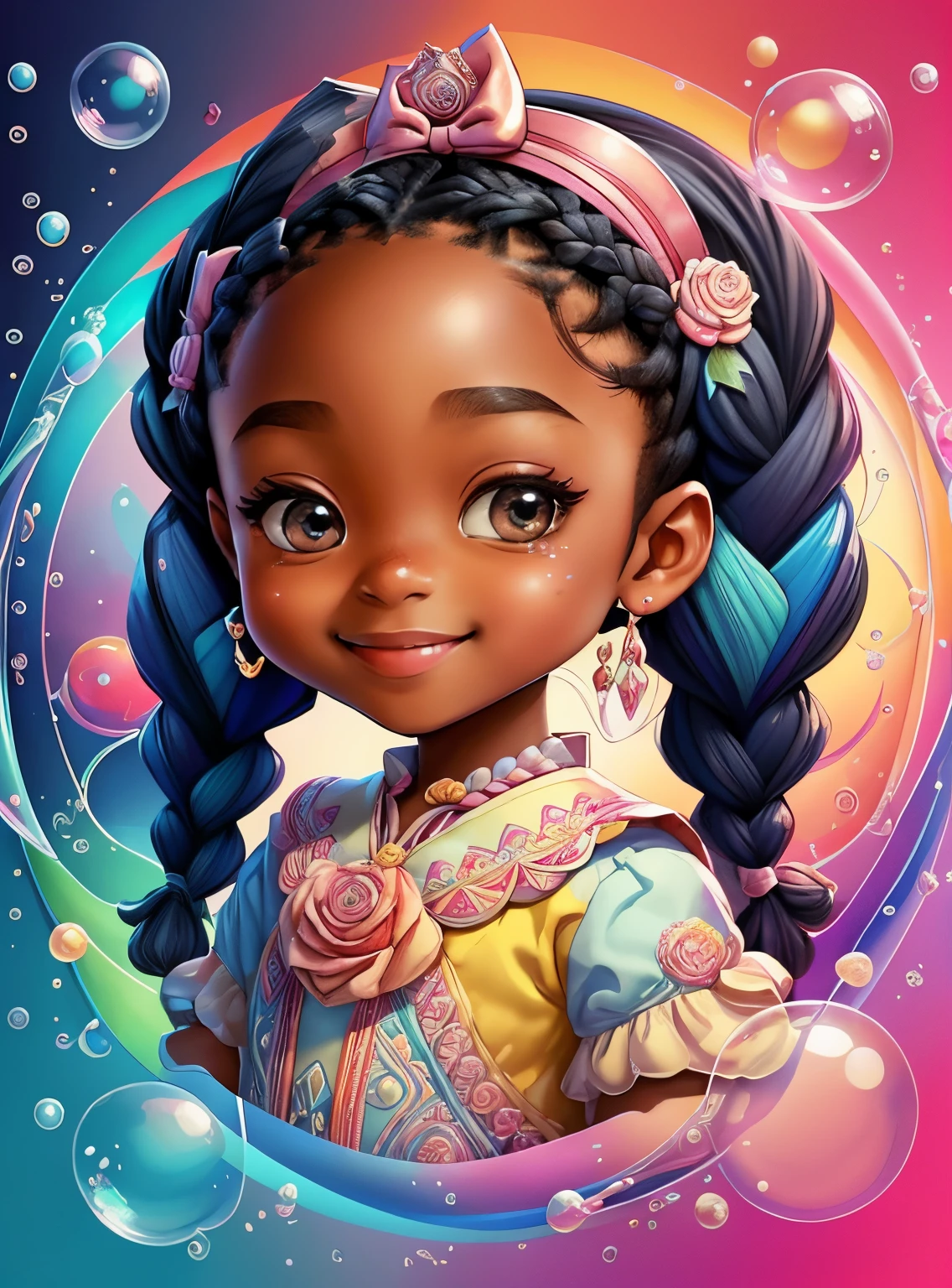 ((cute black girl with braids smiling playing with soap bubbles)) - Criador: Walt Disney2023) ), ,, ( Walt Disney acolchoamento ,multidimensional geometric wall PORTRAIT, arte, Chibi,
Yang08k, lindo, Colouring,Rose
Primary works, qualidade superior, melhor qualidade, Arte Oficial, Beautiful and Aesthetic,)) ), ,,  Walt Disney acolchoamento ,multidimensional geometric wall PORTRAIT, arte, Chibi,
Yang08k, lindo, (Colouring, rosa), amarelo ,azul ,vermelho e branco)
Primary works, qualidade superior, melhor qualidade, Arte Oficial, Beautiful and Aesthetic,