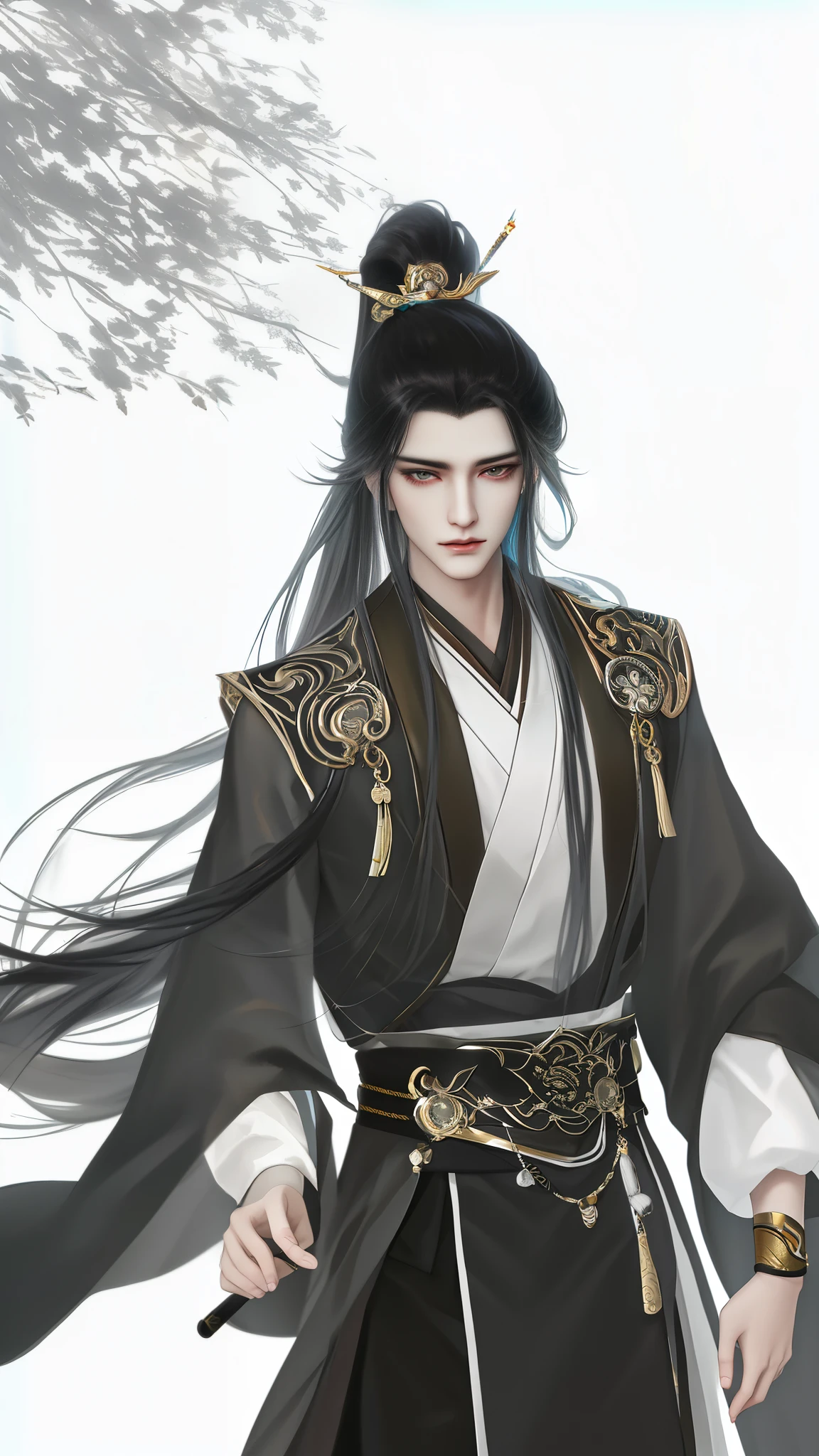 man wearing brown and white clothes, Wallpapers，high ponytails，heise jinyao, The exquisite prince, Inspired by Bian Shoumin, inspired by Guan Daosheng, full body xianxia, Beautiful prince, inspired by Zhang Han, inspired by Zhao Yuan,, flowing hair and long robes, longer sleeves，Narrow cuffs，zhao yun, xianxia hero，white backgrounid，Eye focus，a sharp gaze，A high resolution，tmasterpiece，Best quality，32K,fix the hand，