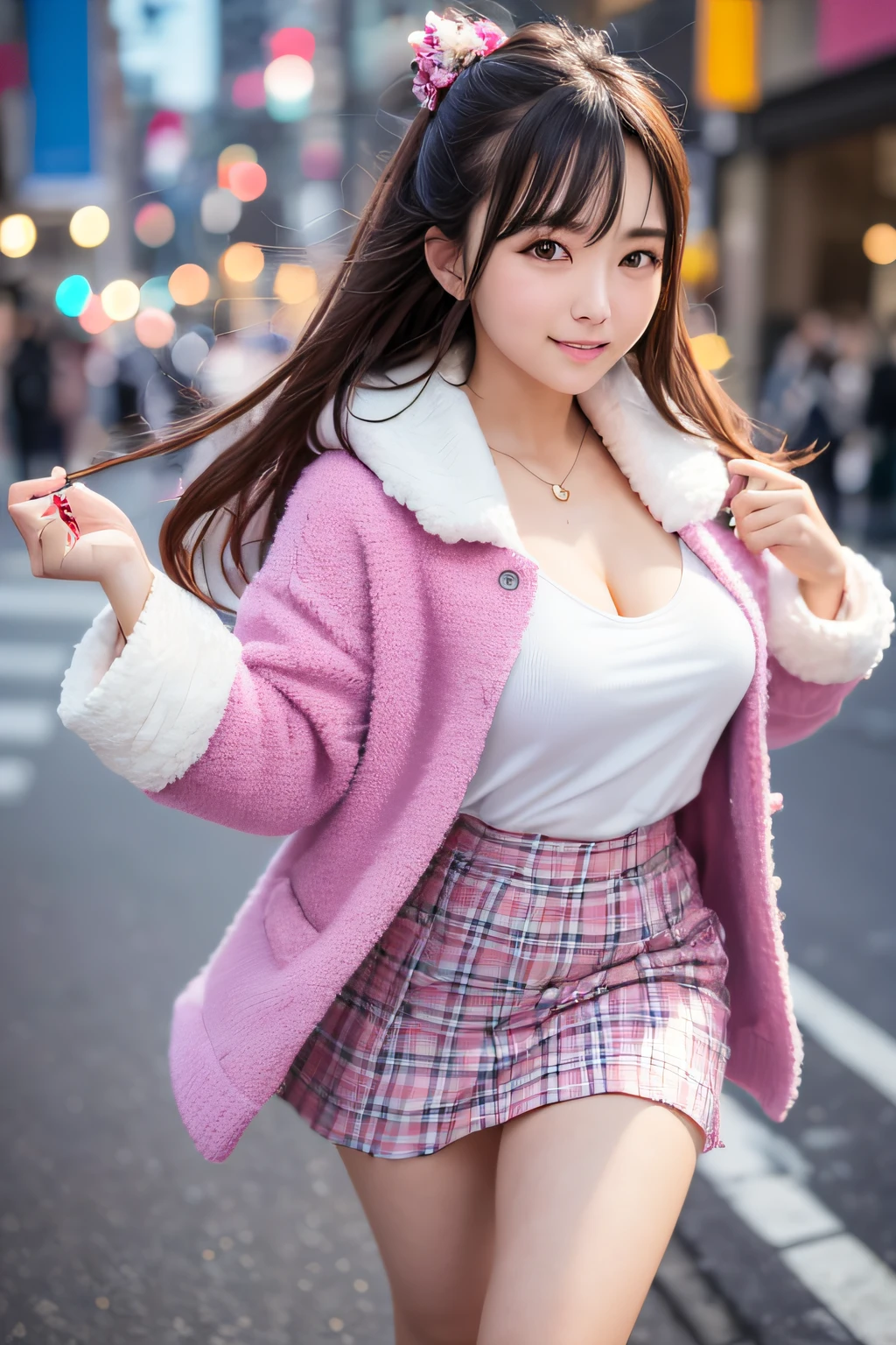 (Highly detailed CG Unity 8k wallpaper, of the highest quality, Ultra-detailed, High resolution, masutepiece, Realistic, Photorealistic:1.5), (Detailed face of cute Japanese girl, Face Focus, Beautiful detailed eyes, Eye focus, (Detailed background), detailed  clothes, super detailed skin, (Wear cute clothes or skirts:1.6), (wearing a plump and fluffy coat:1.5), (Sidewalks in Shibuya:1.5), Midi wavy hair, Brown hair, Floating hair, medium breasts⁩, morning、how to wake up correctly), (Adorable smile:1.3), (Looking at Viewer:1.4), ((Dynamic Pose)), (Yuki:1.6),