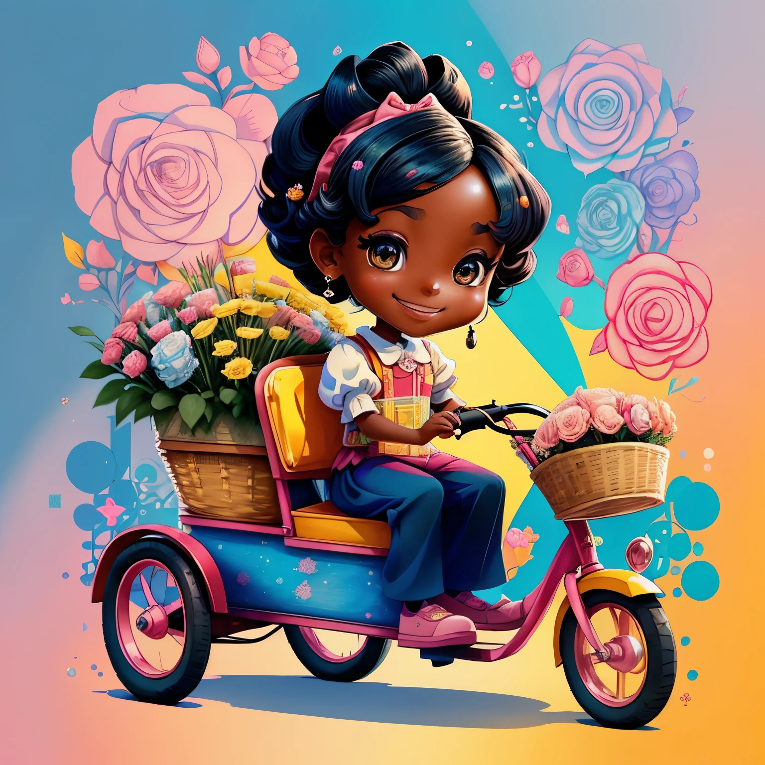 ((cute black girl smiling in a tricycle with a basket of gifts and flowers)) - Criador: Walt Disney2023) ), ,, ( Walt Disney acolchoamento ,multidimensional geometric wall PORTRAIT, arte, Chibi,
Yang08k, lindo, Colouring,Rose
Primary works, qualidade superior, melhor qualidade, Arte Oficial, Beautiful and Aesthetic,)) ), ,,  Walt Disney acolchoamento ,multidimensional geometric wall PORTRAIT, arte, Chibi,
Yang08k, lindo, (Colouring, rosa), amarelo ,azul ,vermelho e branco)
Primary works, qualidade superior, melhor qualidade, Arte Oficial, Beautiful and Aesthetic,