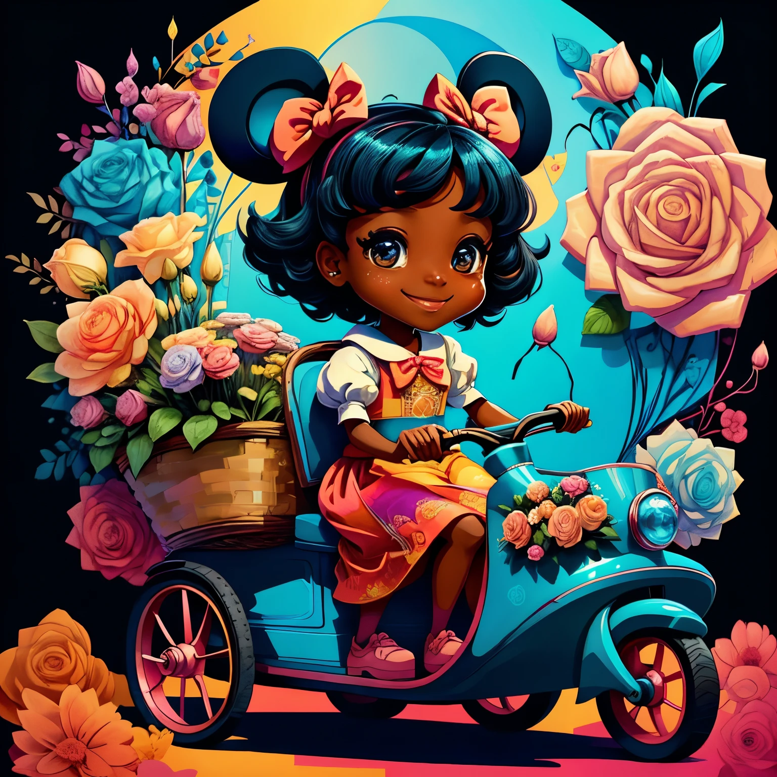 ((cute black girl smiling in a tricycle with a basket of gifts and flowers)) - Criador: Walt Disney2023) ), ,, ( Walt Disney acolchoamento ,multidimensional geometric wall PORTRAIT, arte, Chibi,
Yang08k, lindo, Colouring,Rose
Primary works, qualidade superior, melhor qualidade, Arte Oficial, Beautiful and Aesthetic,)) ), ,,  Walt Disney acolchoamento ,multidimensional geometric wall PORTRAIT, arte, Chibi,
Yang08k, lindo, (Colouring, rosa), amarelo ,azul ,vermelho e branco)
Primary works, qualidade superior, melhor qualidade, Arte Oficial, Beautiful and Aesthetic,
