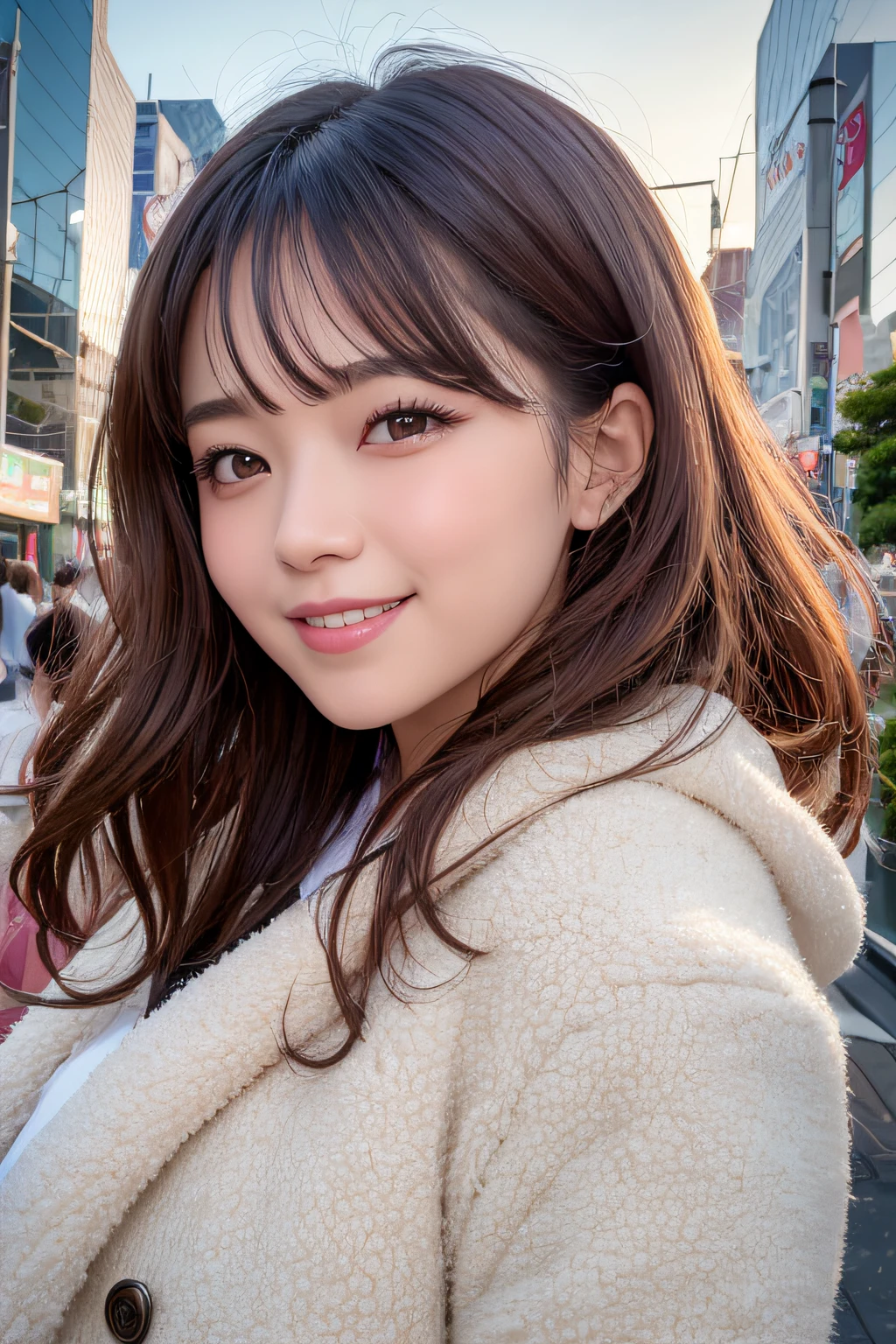 (Highly detailed CG Unity 8k wallpaper, of the highest quality, Ultra-detailed, High resolution, masutepiece, Realistic, Photorealistic:1.5), (Detailed face of cute Japanese girl, Face Focus, Beautiful detailed eyes, Eye focus, (Detailed background), detailed  clothes, super detailed skin, (Wear cute clothes or skirts:1.6), (wearing a plump and fluffy coat:1.5), (Sidewalks in Shibuya:1.5), Midi wavy hair, Brown hair, Floating hair, medium breasts⁩, morning、how to wake up correctly), (Adorable smile:1.3), (Looking at Viewer:1.4), ((Dynamic Pose)), (Yuki:1.6),