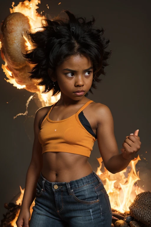 short jeans, white background, girl, darkskin girl, brown kid, hair till shoulder, hair like goku, dragon ball, goku, vegeta, anime, cartoon, black kid, young, big hair, Super Saiyan hair, hair like Super Saiyan 2, loading power, fighting stand, angry, fire in hands, looking at the screen,