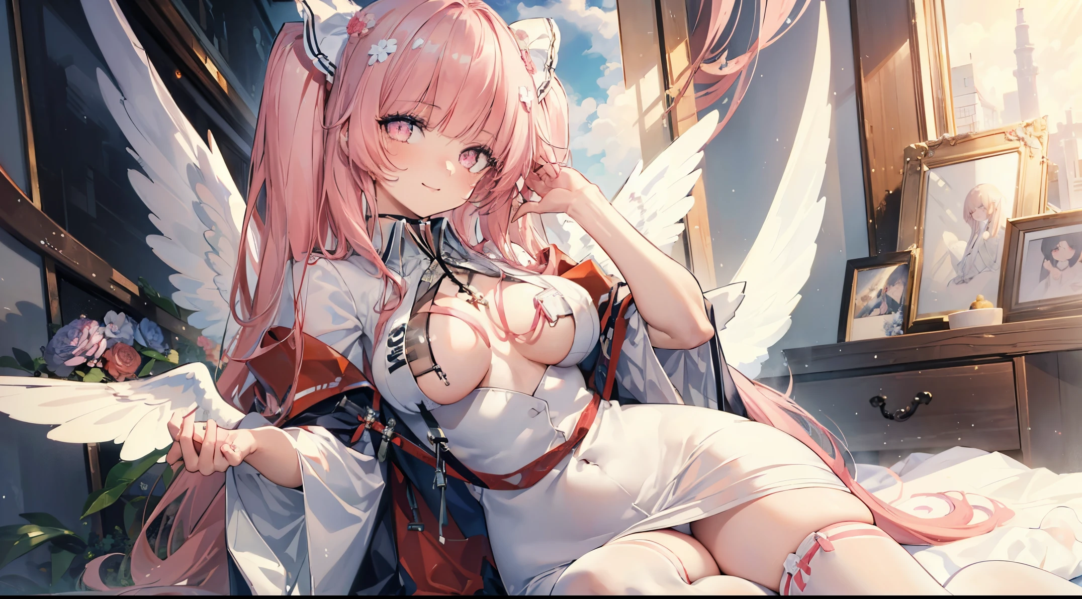 ((4k, masterpiece, top-quality)), 8k, best quality, high resolution, HD, (illustration:0.8), (beautiful detailed eyes:1.6), extremely detailed face, perfect lighting, (perfect hands, perfect anatomy), super complex details, intricate details, perseusorigin, flowers, white_dress, angel_wings, white_legwear, cute, flowers, flower, pink flower, rose, anime wallpaper, hdx wallpaper, 1girl, dress, very long hair, solo, breasts, pink hair, smile, white dress, looking at viewer, cleavage, frills, frilled dress, pink eyes, bangs, wide sleeves