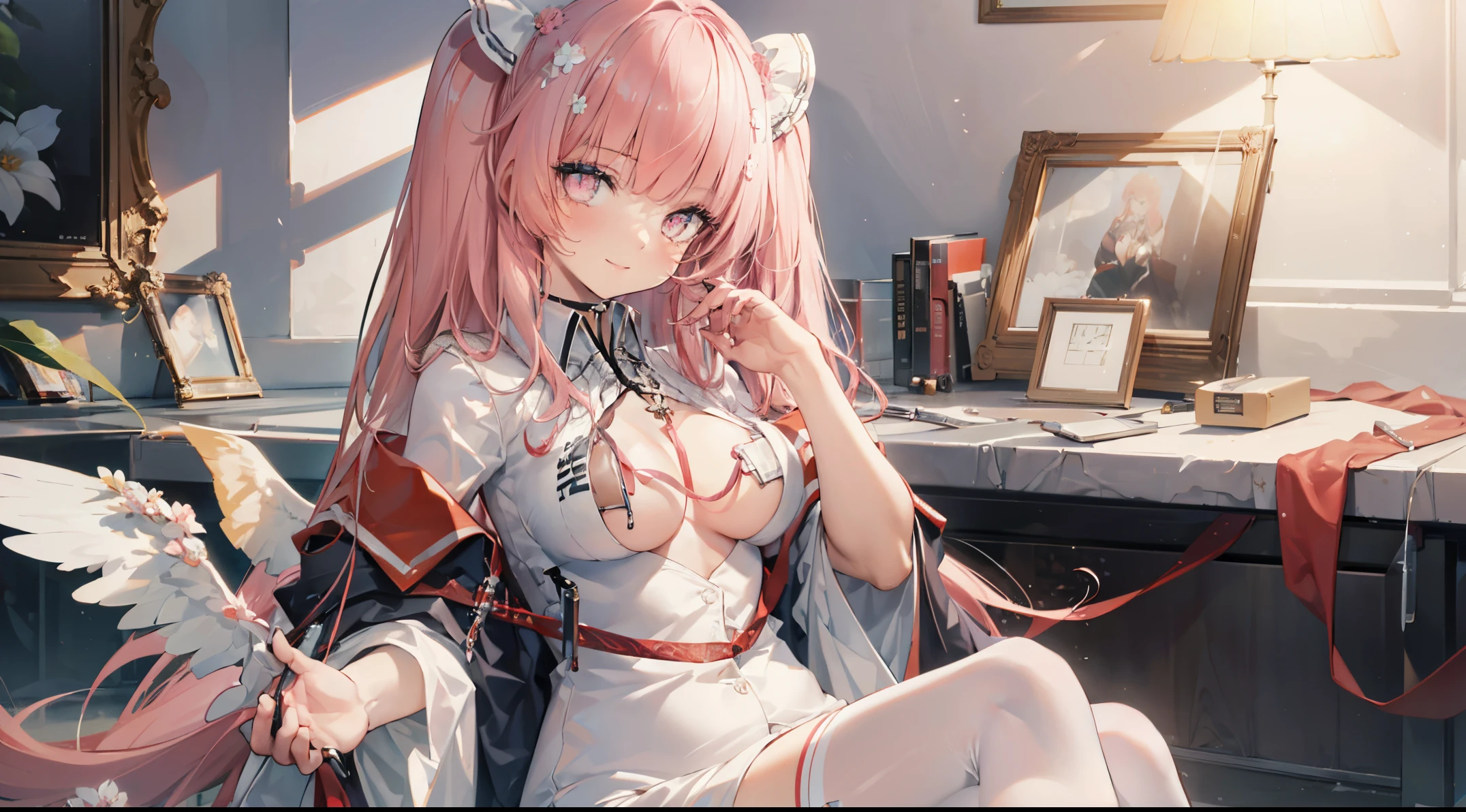 ((4k, masterpiece, top-quality)), 8k, best quality, high resolution, HD, (illustration:0.8), (beautiful detailed eyes:1.6), extremely detailed face, perfect lighting, (perfect hands, perfect anatomy), super complex details, intricate details, perseusorigin, flowers, white_dress, angel_wings, white_legwear, cute, flowers, flower, pink flower, rose, anime wallpaper, hdx wallpaper, 1girl, dress, very long hair, solo, breasts, pink hair, smile, white dress, looking at viewer, cleavage, frills, frilled dress, pink eyes, bangs, wide sleeves