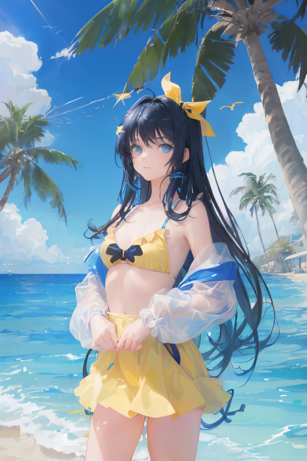 art by Cornflower, dreamy, (A beautiful, teenaged, anime-style girl with blue eyes and long, black hair, wearing a pale yellow, shiny, long-sleeved, open-chest, long skirt swimming suit with a pink, white, and yellow, heart on it is posing with her hands on her hips, in front of a beach and a bright, blue sky with clouds in it, there are palm trees in the background on both sides of the picture, and there are lots of blue and yellow fish swimming in the ocean, and there is a police helicopter with lights on it flying over the girl)