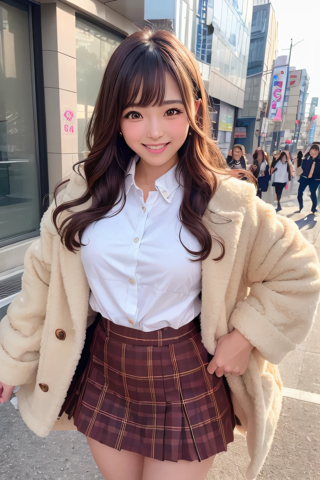 (Highly detailed CG Unity 8k wallpaper, of the highest quality, Ultra-detailed, High resolution, masutepiece, Realistic, Photorealistic:1.5), (cute Japanese girls), extra detailed face, Face Focus, Beautiful detailed eyes, Eye focus, (Detailed background), detailed  clothes, super detailed skin, (Wear cute clothes or skirts:1.6), (wearing a plump and fluffy coat:1.5), (Sidewalks in Shibuya:1.5), Midi wavy hair, Brown hair, Floating hair, medium breasts⁩, How to wake up in the morning properly), (Adorable smile:1.3), (Looking at Viewer:1.4), ((Dynamic Pose)), (Yuki:1.6),