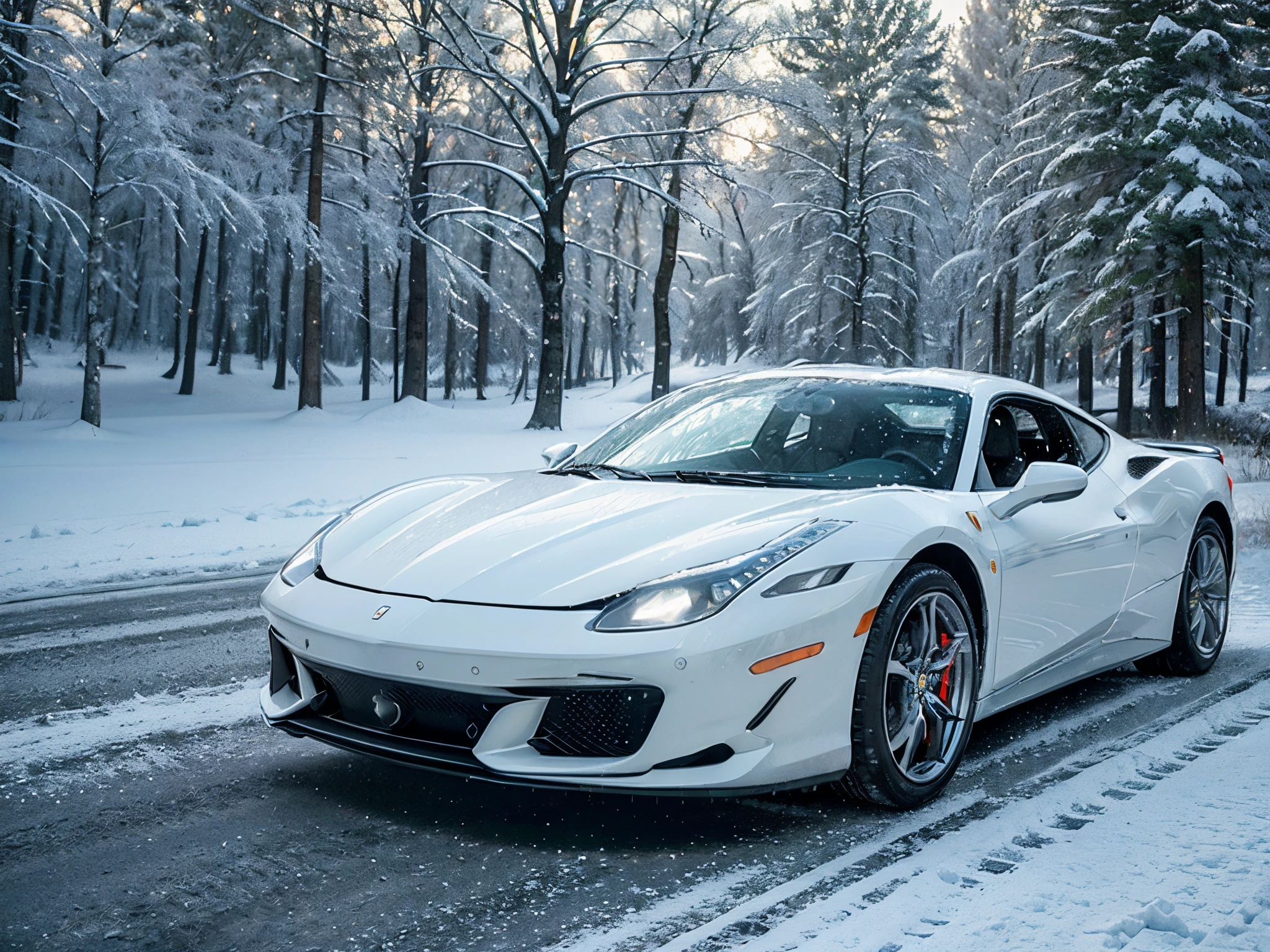 (best quality,4k,8k,highres,masterpiece:1.2),ultra-detailed,(realistic,photorealistic,photo-realistic:1.37),white Ferrari 458, winter night, snowy road, bright headlights, reflection on the wet asphalt, tranquil atmosphere, moonlight, frosty air, falling snowflakes, misty breath, peaceful silence, elegant curve of the car, sleek design, sparkling snowflakes on the car's body, dynamic motion, chilly wind, enchanting ambience, deep shadows, shimmering stars, intense contrast, icy surroundings, frost-covered trees, dramatic composition, surreal scene, breathtaking beauty, powerful engine sound, captivating serenity, artistically captured moment, dramatic lighting, glistening icy crystals, captivating and mesmerizing painting, magnificent winter landscape.