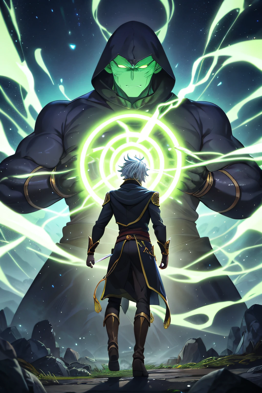 a male anime character, a mage in a green aura, detailed mage: white skin, dark green hair, black eyes, view from his back, wearing a dark blue dress, showing is power, the power to create a golem, 3 characters, the mage has one golem to the left and one to the right, the golem are the same size of the mage, dark green golem, humanoid, puppets, on his back there is a fourth colossal golem, humanoid face made of dark green darkness, this golem is ten times the size of the mage, feeling like fairy tail art, character image inspired by: Hijikata from Gintama.