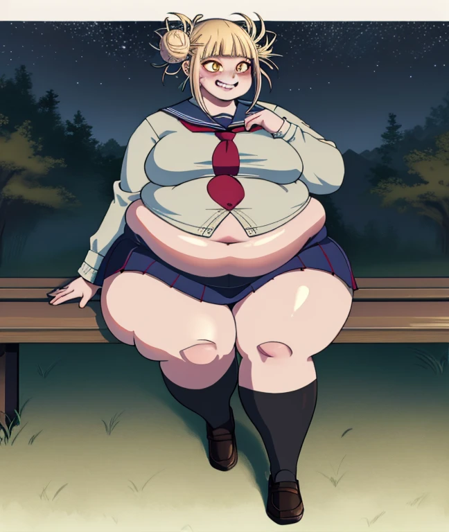 [himiko toga], [Boku no hero academia], ((masterpiece)), ((HD)), ((high res)), ((solo portrait)), ((front view)), ((full body)), ((anime)), ((detailed shading)), ((detailed shadoweautiful render art)), ((intricate details)), {toga, (slim figure), (blonde hair), cute yellow eyes, (glowing eyes), short eyelasheeautiful leglood on face), (blushing), (excited smile), (sharp white teeth)}, {(beige long sleeve shirt), (blue collar), (red tie), (blue skirt), (black knee-high sockrown loafers)}, {(sitting on bench), (crossed legs), (looking at viewer)}, [Background; (park), (trees), (nighttime), (starry sky), (full moon), (ambient lighting)] bbw, plump, large belly, large breasts, large thighs, love handles, wide hips, weight gain