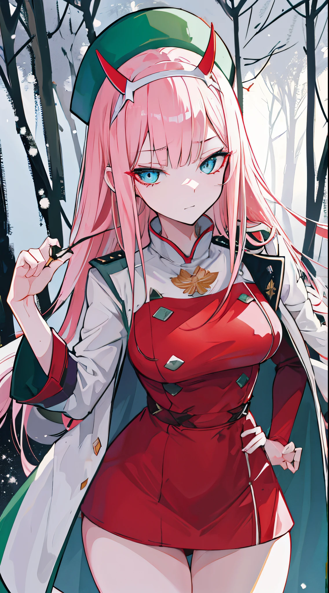Zerotwo\(Dear in Franks\), Dear in Franks,green russian hat, russian duchess, green duchess dress, warm clothes, in the forest, evening, snowy weather, atmospheric, 1girll, By bangs, nip, shadowing, long whitr hair, breast, upper legs, putting makeup on, red panties, closing her eyes, looking at viewer, cowboy shot, jawline, pair of small red horns, Pink hair,white hairband, Red Eyeshadow, Tighten the skin, 独奏, sexy pose, breast, ((detailed face)), ((detailed eyes)), badass, big booty, best quality, (4k anime style), blue lights in background, ((atmospheric))