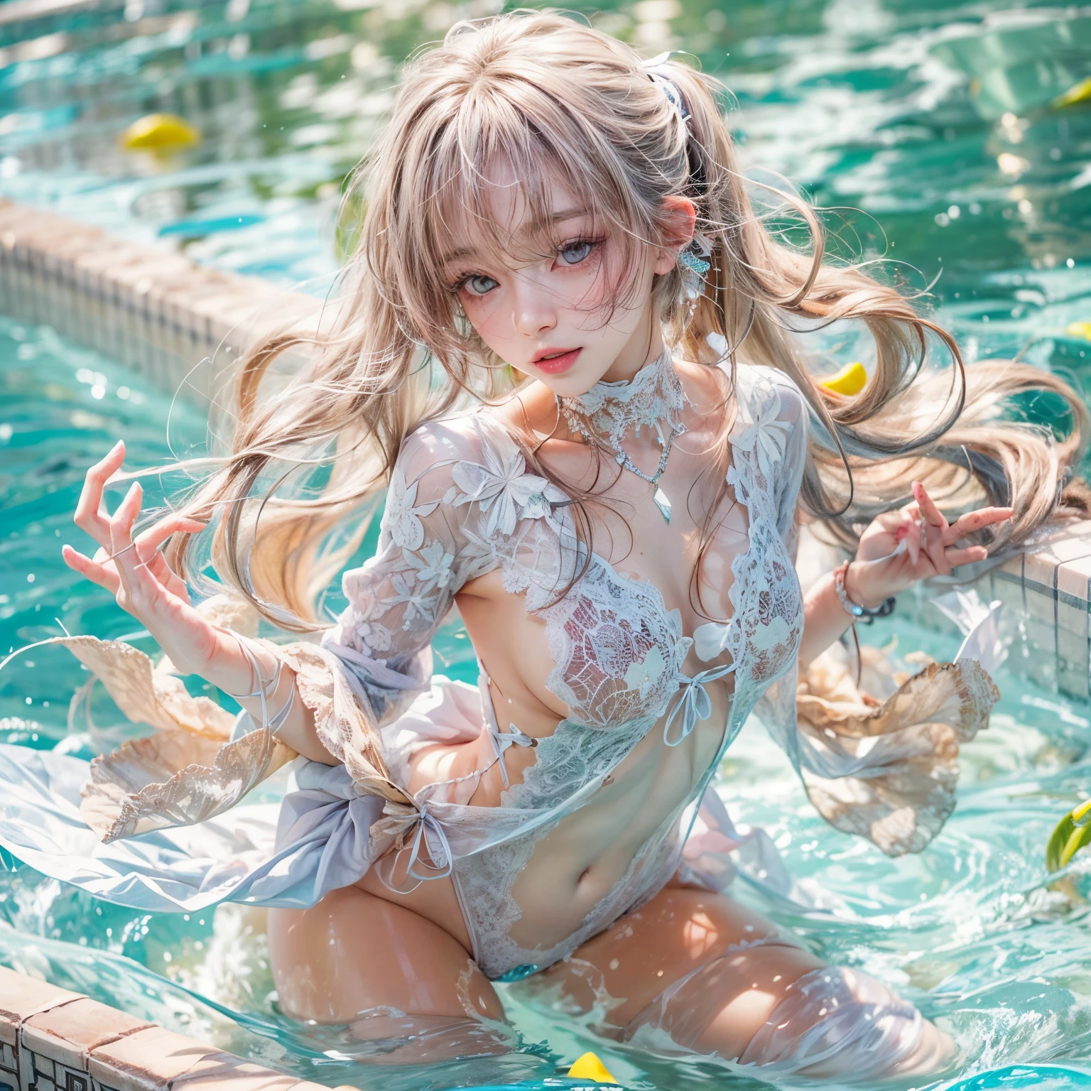 (masterpiece:1.28, Acutance, RAW, Realistic, 真实感: 1.37), realisticlying, softlighting. ( Tiny Girls jumping into the pool:1.2 )、{ Falling | splash water | shout | Luminous water surface | White and Vivid colors }, (under the mesmerizing back lighting), glistening ivory skin, sparkling highlights, Detailed KAWAII face with cute lips, long eyelashes, Delicate lace knitted clothes, Detailed open crotch, Whole Body proportions and all limbs are anatomically accurate . (correct limbs)