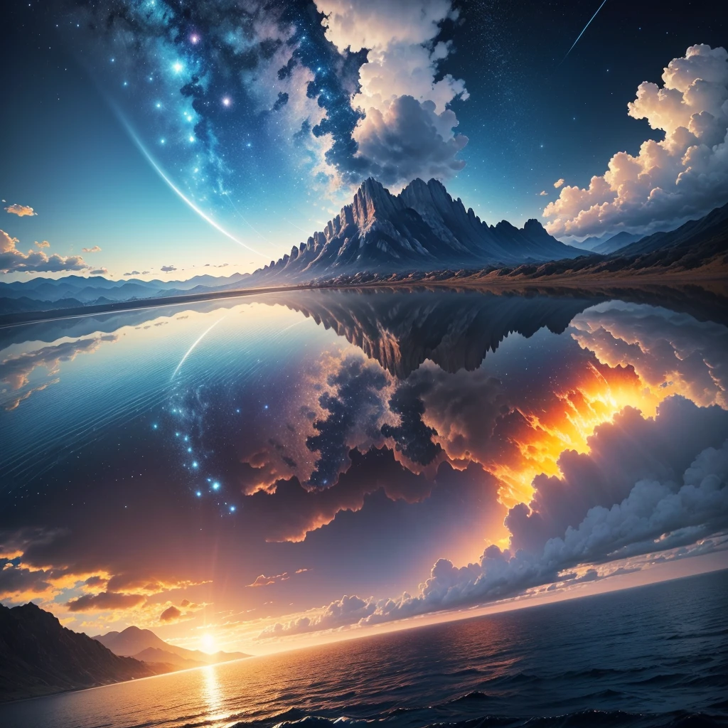 planète avec Montagnes et lac Magic Valley, Planètes、intergalactique、nuage、Et une rivière et un ciel magnifique, Un hyper-réaliste, 4K, réseau d’images , brillant, magnifique, beau, 8k, ULTRAHD , coucher de Soleil , océan d'eau , Ultra réaliste , Soleil , mise au point nette maximale , vue terrestre sur les espaces , Nuit , voie lactée , pluie de météorites en flamme vitesse hypersonique