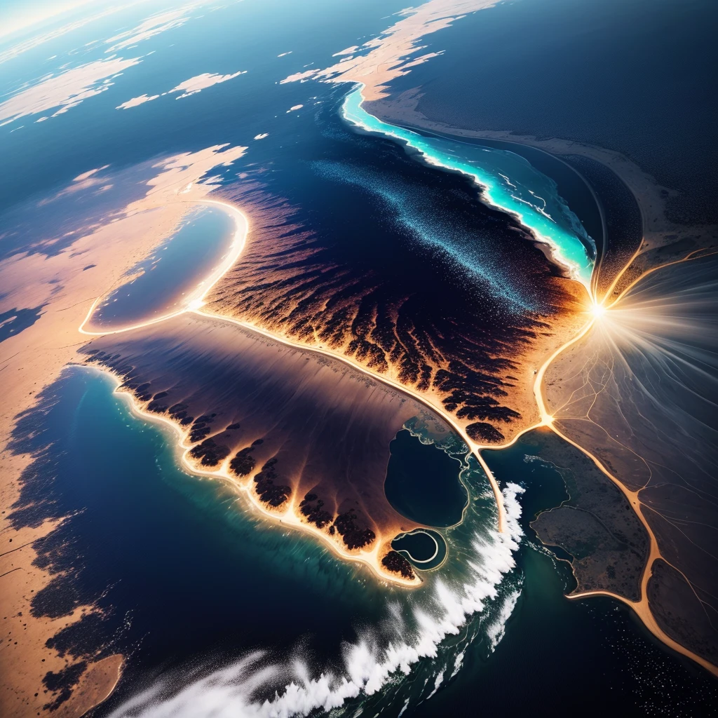 planète avec Montagnes et lac Magic Valley, Planètes、intergalactique、nuage、Et une rivière et un ciel magnifique, Un hyper-réaliste, 4K, réseau d’images , brillant, magnifique, beau, 8k, ULTRAHD , coucher de Soleil , océan d'eau , Ultra réaliste , Soleil , mise au point nette maximale , vue terrestre sur les espaces , Nuit , voie lactée , pluie de météorites en flamme vitesse hypersonique