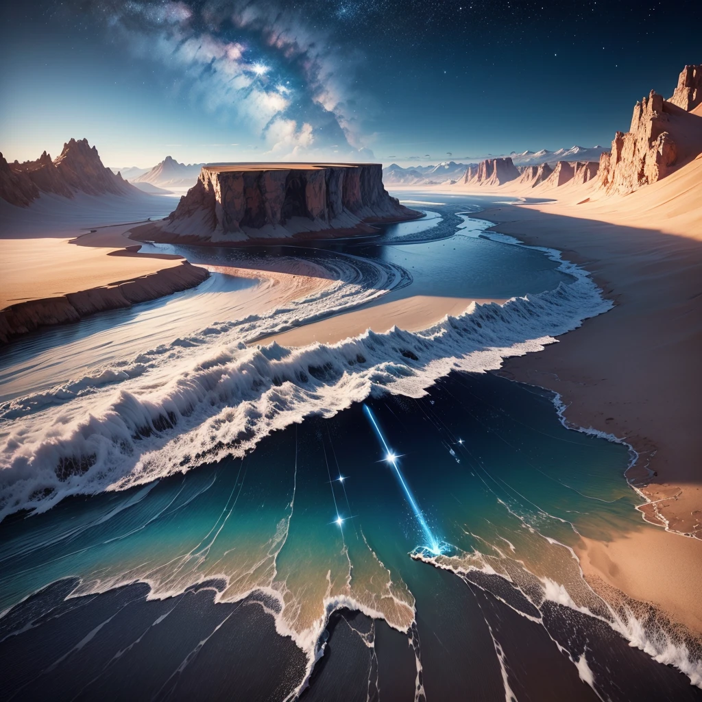 planète avec Montagnes et lac Magic Valley, Planètes、intergalactique、nuage、Et une rivière et un ciel magnifique, Un hyper-réaliste, 4K, réseau d’images , brillant, magnifique, beau, 8k, ULTRAHD , coucher de Soleil , océan d'eau , Ultra réaliste , Soleil , mise au point nette maximale , vue terrestre sur les espaces , Nuit , voie lactée , pluie de météorites en flamme vitesse hypersonique