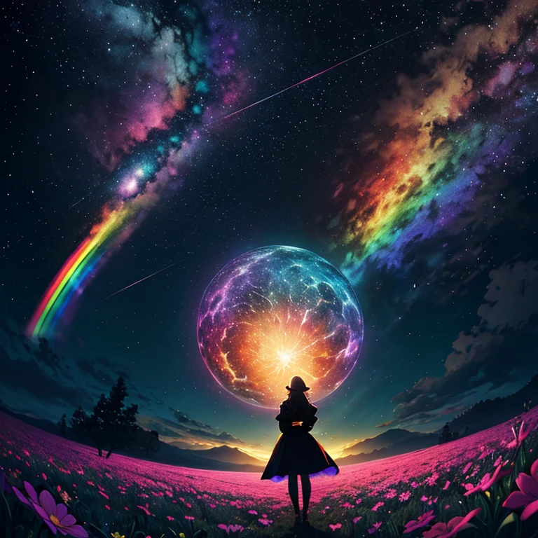 ((NSFW)) Vasta foto de paisagem, (vista de baixo, The sky is above and the open field is below), a girl standing on a flower field looking up, (lua cheia: 1.2), (meteoro: 0.9), (nebulosa: 1.3), montanhas distantes, Árvores BREAK Crafting Art, (Luz Quente: 1.2), (Vagalumes: 1.2), Luzes, Muito Roxo e Laranja, Detalhes Intrincados, volumeric lighting, Realismo BREAK (Obra-prima: 1.2), (melhor qualidade), 4k, ultra-detalhado, (dynamic compositing: 1.4), detalhes muito detalhados e coloridos, (rainbow colors: 1.2), (bright illumination, Atmospheric Illumination), sonhador, magica, (solo: 1.2)
