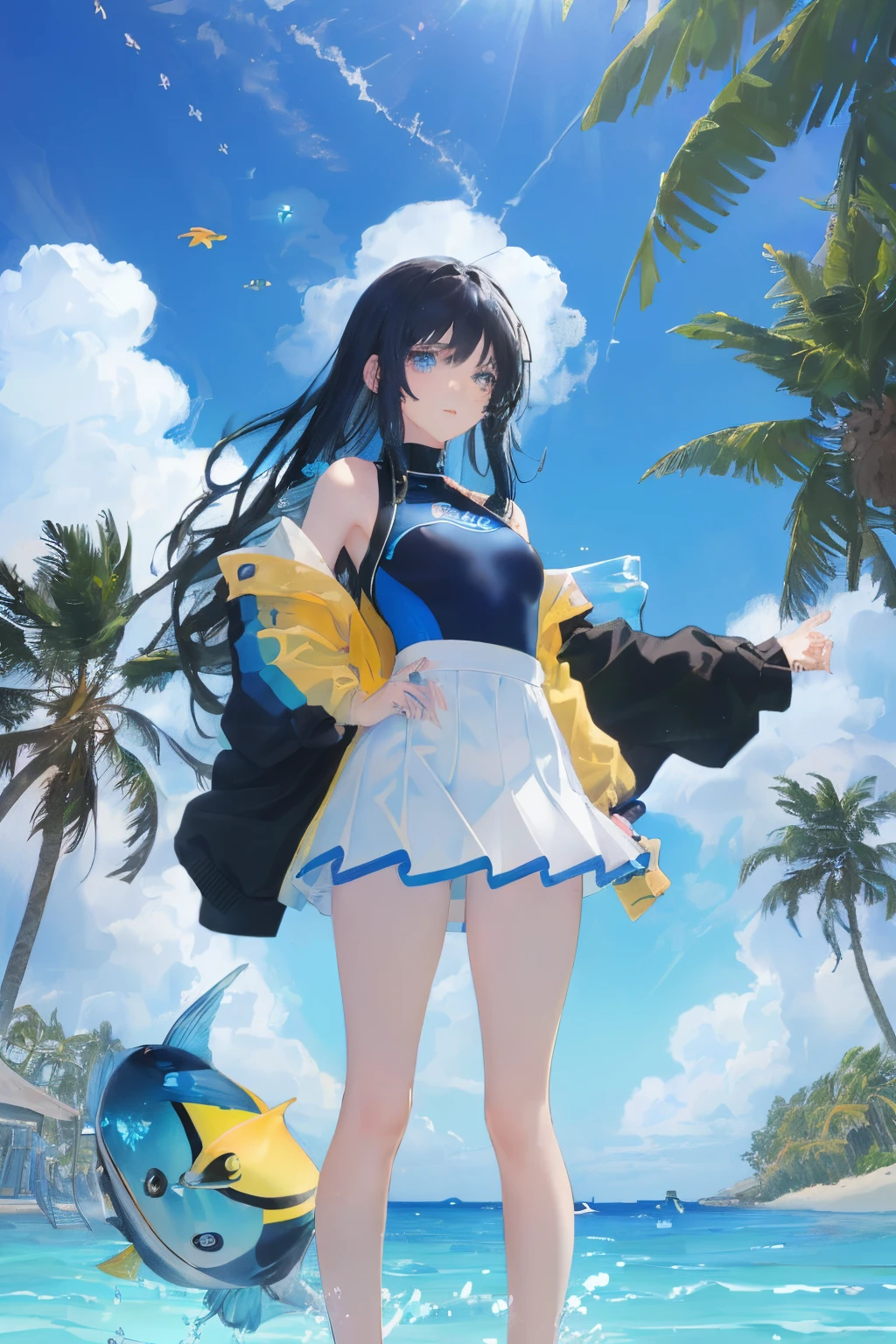 art by Cornflower, dreamy, (A beautiful, aged, anime-style girl with blue eyes and long, black hair, wearing a pale yellow, shiny, long-sleeved, open-chest, long skirt swimming suit with a pink, white, and yellow, heart on it is posing with her hands on her hips, in front of a beach and a bright, blue sky with clouds in it, there are palm trees in the background on both sides of the picture, and there are lots of blue and yellow fish swimming in the ocean, and there is a police helicopter with lights on it flying over the girl)