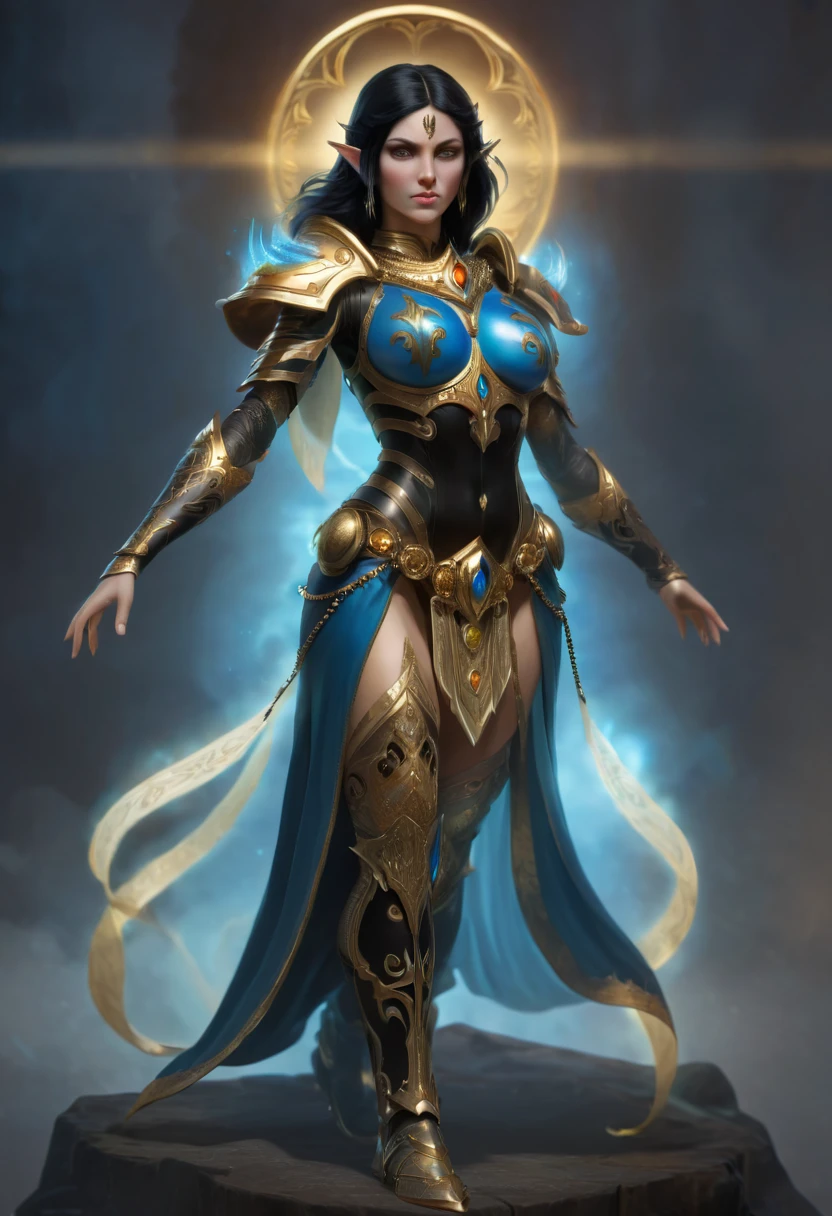 An Elf female with black hair, wearing a "black and gold religious plate armor", large breasts, full body pose, spirit, glowing blue aura,