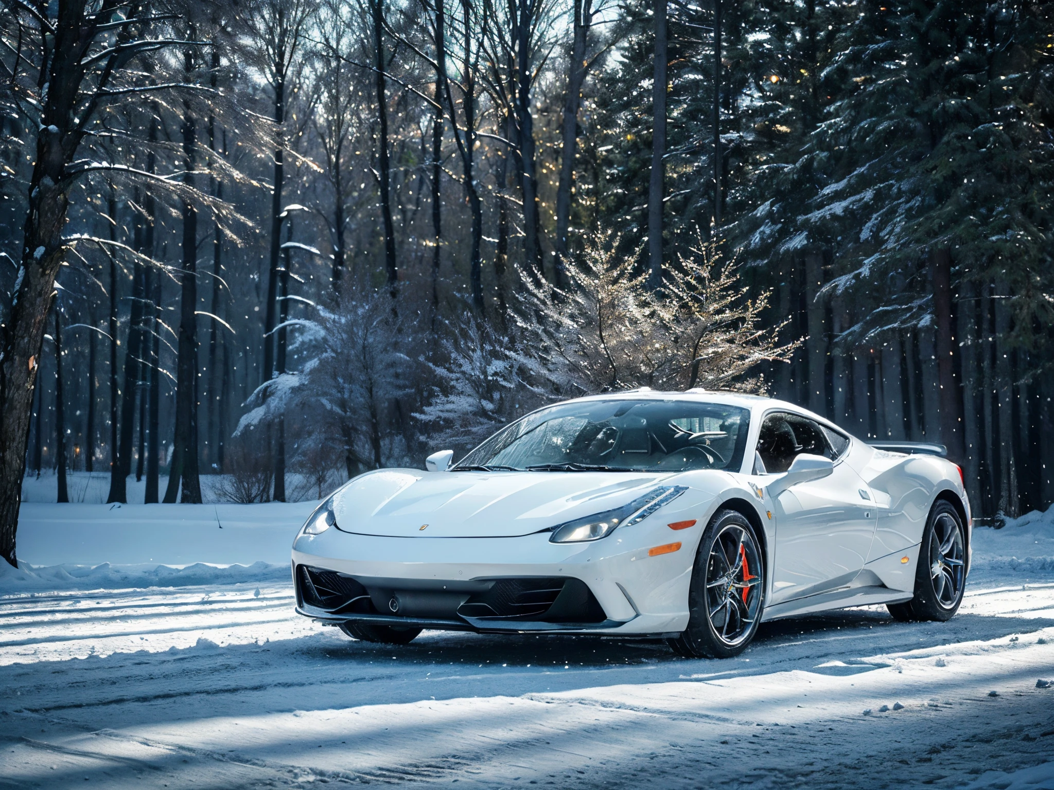 (best quality,4k,8k,highres,masterpiece:1.2),ultra-detailed,(realistic,photorealistic,photo-realistic:1.37),white Ferrari 458, winter night, snowy road, bright headlights, reflection on the wet asphalt, tranquil atmosphere, moonlight, frosty air, falling snowflakes, misty breath, peaceful silence, elegant curve of the car, sleek design, sparkling snowflakes on the car's body, dynamic motion, chilly wind, enchanting ambience, deep shadows, shimmering stars, intense contrast, icy surroundings, frost-covered trees, dramatic composition, surreal scene, breathtaking beauty, powerful engine sound, captivating serenity, artistically captured moment, dramatic lighting, glistening icy crystals, captivating and mesmerizing painting, magnificent winter landscape.