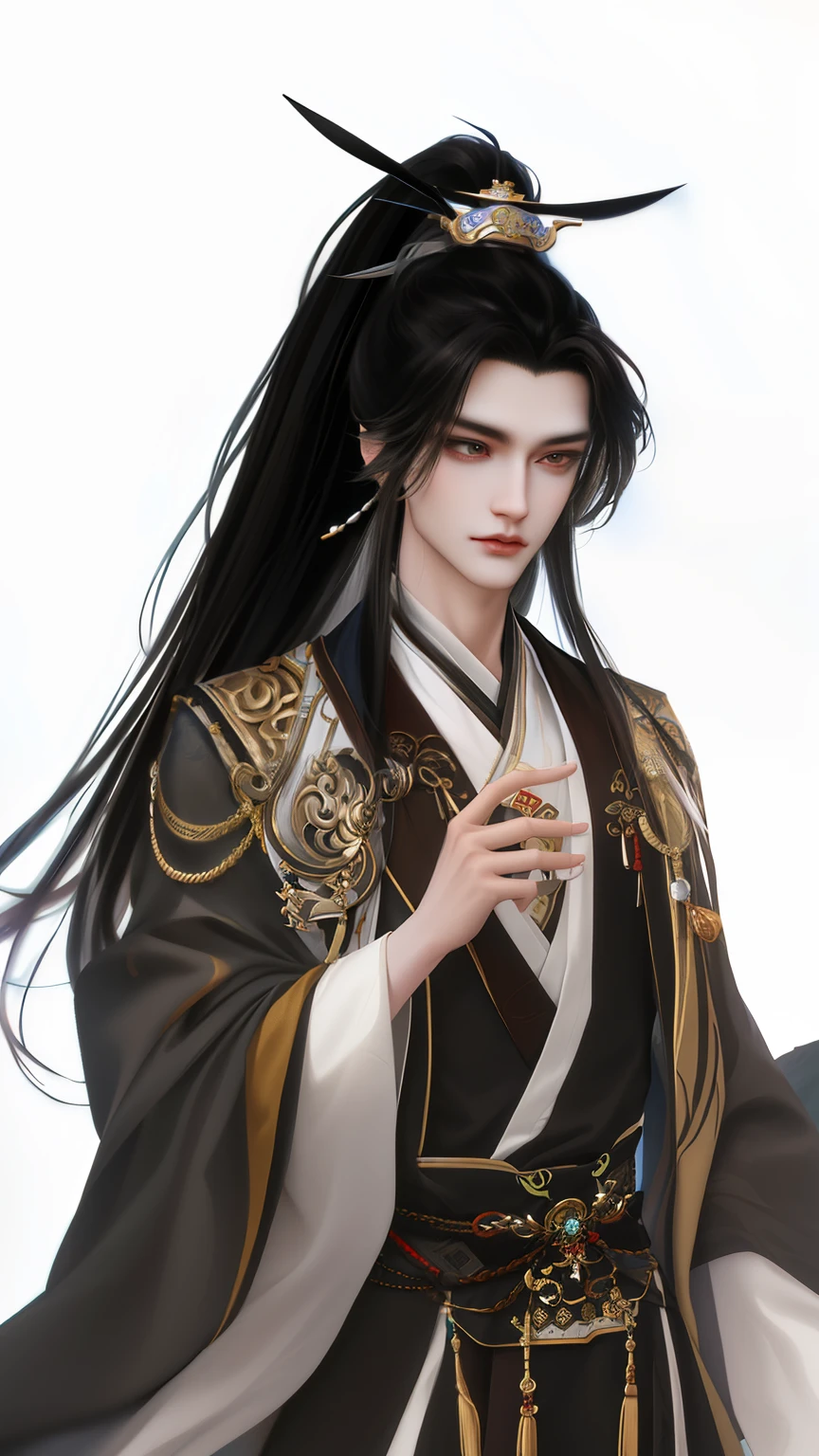 man wearing brown and white clothes, Wallpapers，high ponytails，heise jinyao, The exquisite prince, Inspired by Bian Shoumin, inspired by Guan Daosheng, full body xianxia, Beautiful prince, inspired by Zhang Han, inspired by Zhao Yuan,, flowing hair and long robes, zhao yun, xianxia hero，white backgrounid，Eye focus，a sharp gaze，A high resolution，tmasterpiece，Best quality at best，32K,fix the hand，