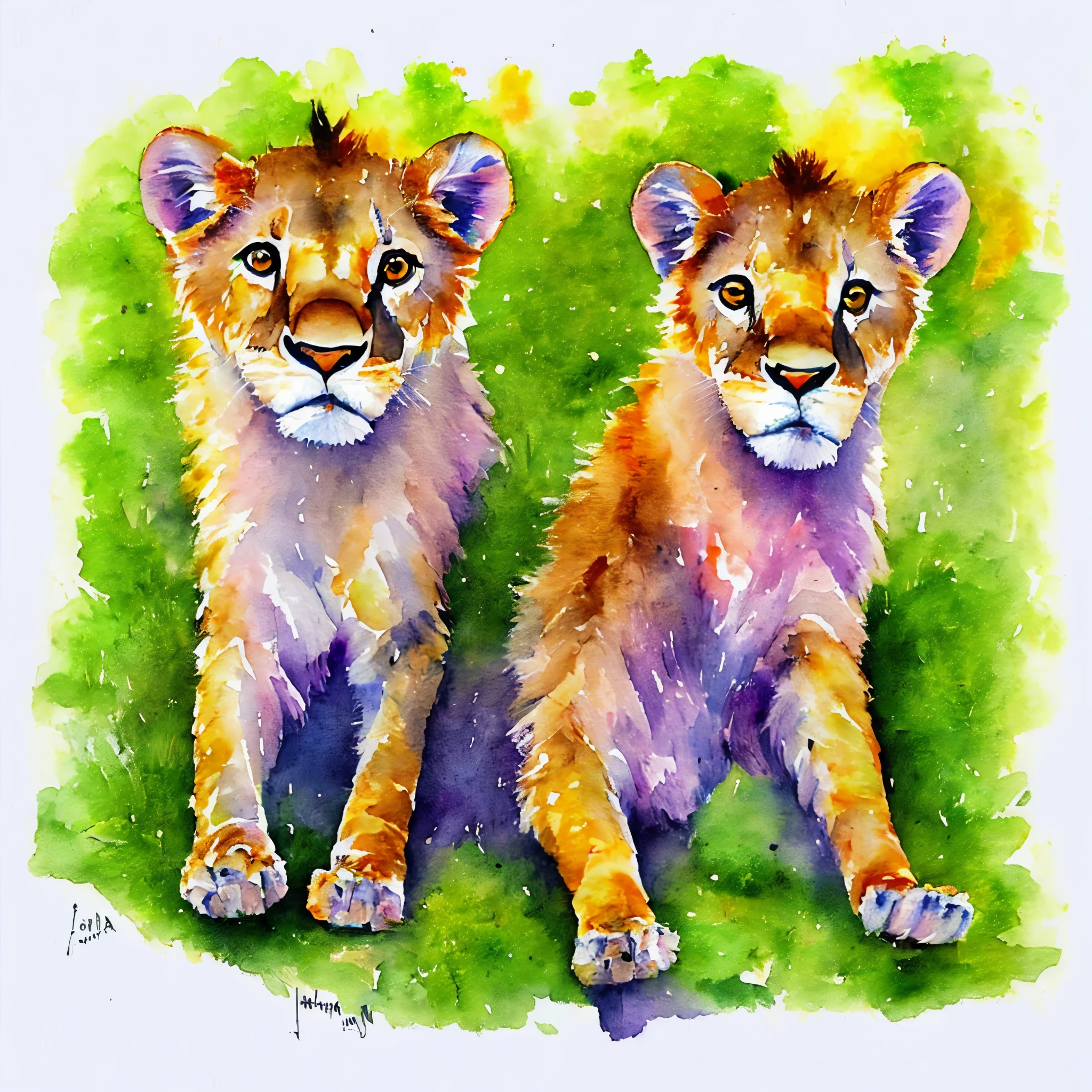 Hazy and dreamy watercolor drawing of a lion cub by John
Singer Sargent. Cartoon style. Grass background, 8k.
Centered artwork