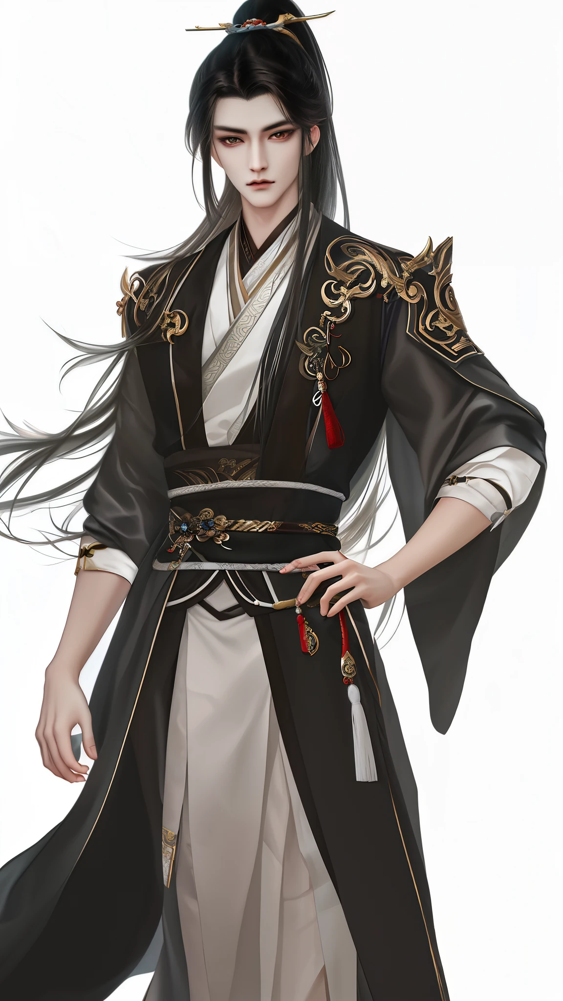 man wearing brown and white clothes, Wallpapers，high ponytails，heise jinyao, The exquisite prince, Inspired by Bian Shoumin, inspired by Guan Daosheng, full body xianxia, Beautiful prince, inspired by Zhang Han, inspired by Zhao Yuan,, flowing hair and long robes, longer sleeves，Narrow cuffs，robe，zhao yun, xianxia hero，white backgrounid，Eye focus，a sharp gaze，A high resolution，tmasterpiece，Best quality，32K,fix the hand，