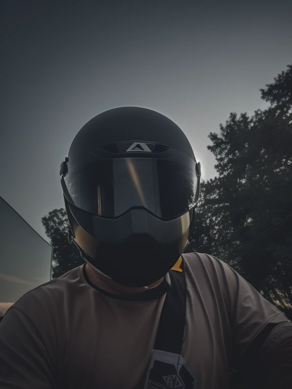 there is a man wearing a helmet and a shirt with a tie, reflection of phone in visor, dark visor covering face, dark visor covering top of face, point of view of visor wearer, reflection of iphone in visor, reflection on helmet, dark visor covering eyes, visor over face, galaxy reflected in helmet, wearing a round helmet, wearing helmet