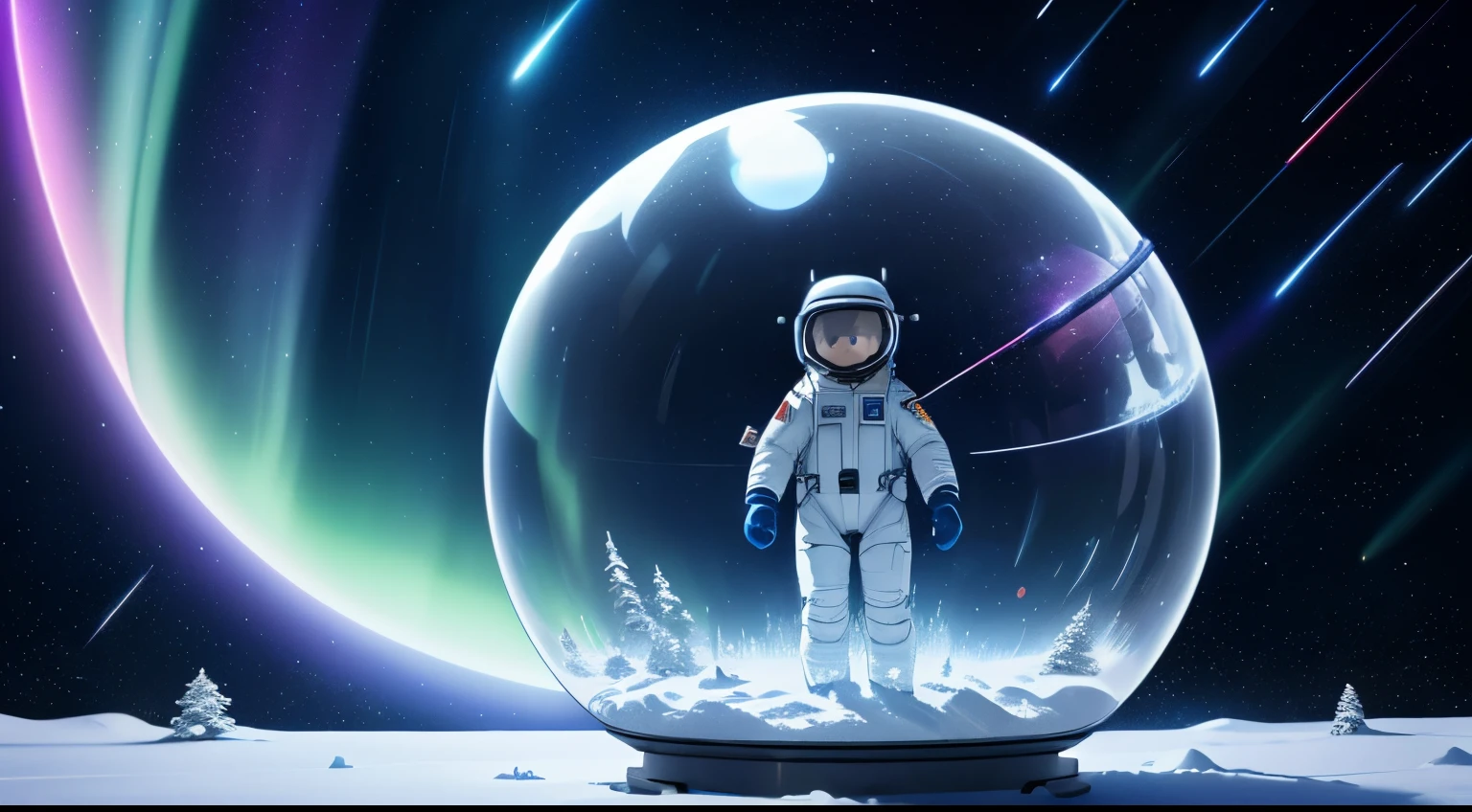 (best quality,4k,8k,highres,masterpiece:1.2),ultra-detailed,(realistic,photorealistic,photo-realistic:1.37),girl inside a space station,holding a snow globe,christmas tree inside,shining star,glittering snowflakes,reflection of lights,soft glow of the snow globe,holiday spirit,magic atmosphere,peaceful background,star-filled sky,weightlessness,Aurora Borealis,astronaut suit,astronaut helmet,cosmic view,zero gravity,futuristic technology,calm expression,eyes full of wonder,magical scene,sparkling stars,spacious interior,silent beauty,elegant decoration