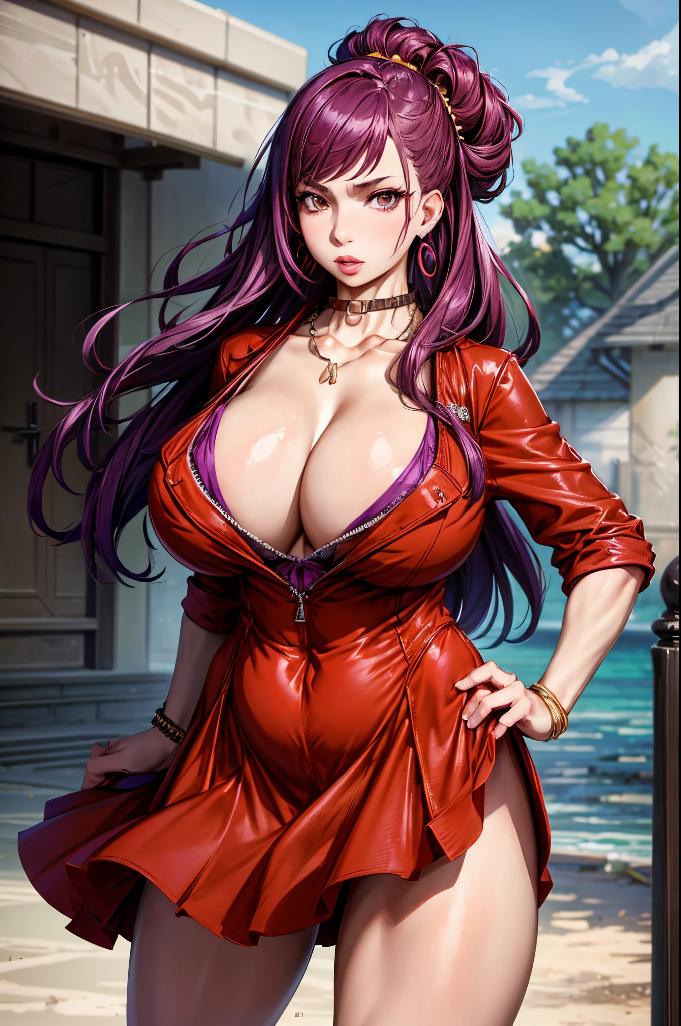 masterpiece:1.5, best quality:1.5, aesthetic, beautiful detailed hair detailed face, perfect feminine face, 1girl, sidelocks, cinematic lighting, sharp focus,large breasts , mature female, ,16k, glowing eyes, detailed 4k eyes,
playground,seduction,sexy lips, parted lips,detailed lips,
red lips, high detailed background,((big brown eyes)), detailed face,
clara_ma,solo,
long hair,earrings,cleavage,huge breasts,necklace,purple hair,brown eyes,mature female,red dress,lipstick,curvy,formal,skirt,red jacket,very long hair,hair intakes,suit,white shirt, peek bra,
1girl, breasts, jewelry, solo, long hair, earrings, cleavage, huge breasts, necklace, hand on hip, purple hair, looking at viewer, brown eyes, mature female, dress, miniskirt, lipstick, makeup, by sakimichan, george kamitani, akira yasuda, trending on artstation, pixiv, danbooru