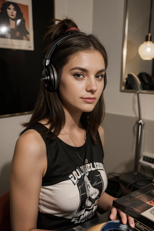 Femme de 25 ans fan de rock écoute un disque vinyle au casque