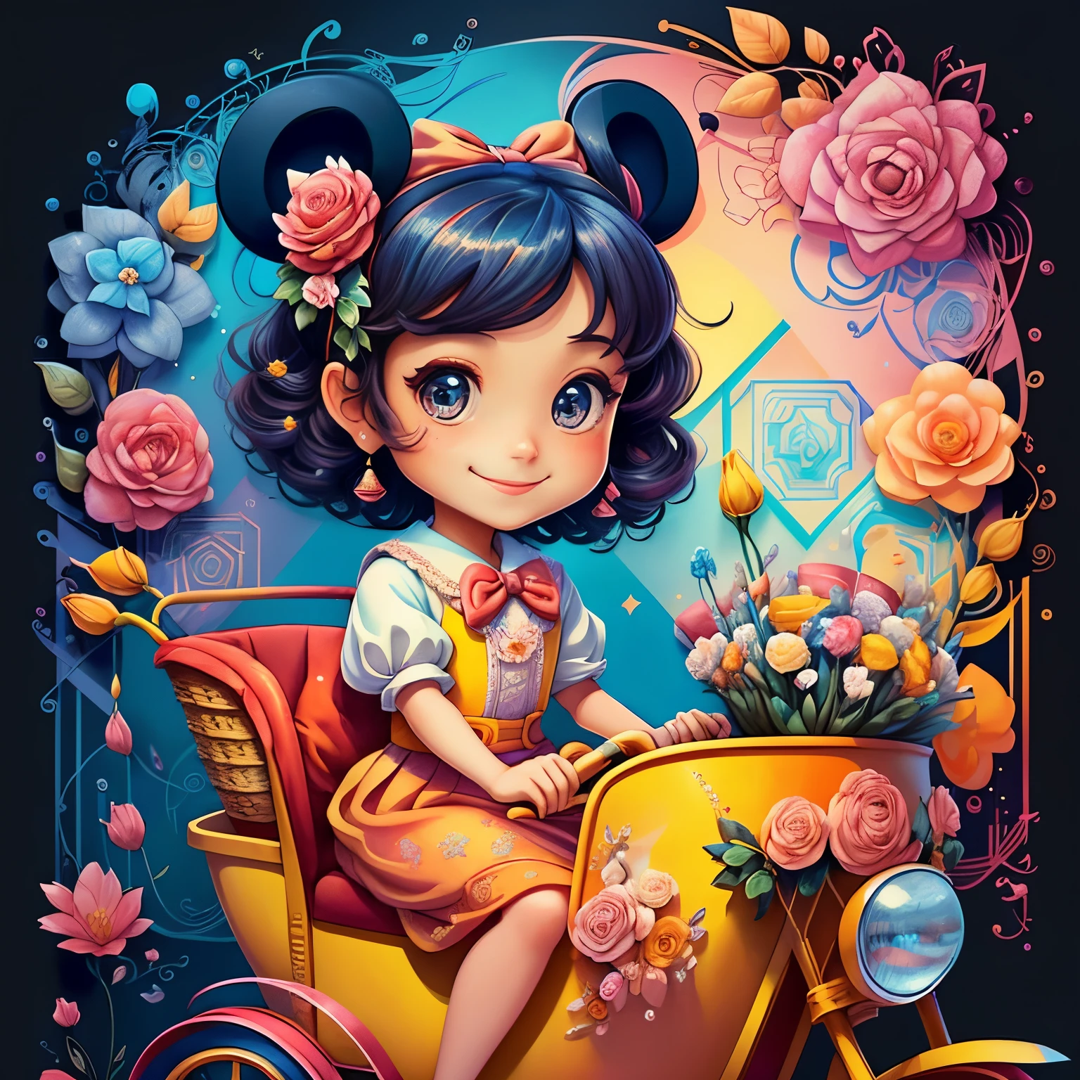 ((cute girl smiling in a tricycle with a basket of flowers)) - Criador: Walt Disney2023) ), ,, ( Walt Disney acolchoamento ,multidimensional geometric wall PORTRAIT, arte, Chibi,
Yang08k, lindo, Colouring,Rose
Primary works, qualidade superior, melhor qualidade, Arte Oficial, Beautiful and Aesthetic,)) ), ,,  Walt Disney acolchoamento ,multidimensional geometric wall PORTRAIT, arte, Chibi,
Yang08k, lindo, (Colouring, rosa), amarelo ,azul ,vermelho e branco)
Primary works, qualidade superior, melhor qualidade, Arte Oficial, Beautiful and Aesthetic,