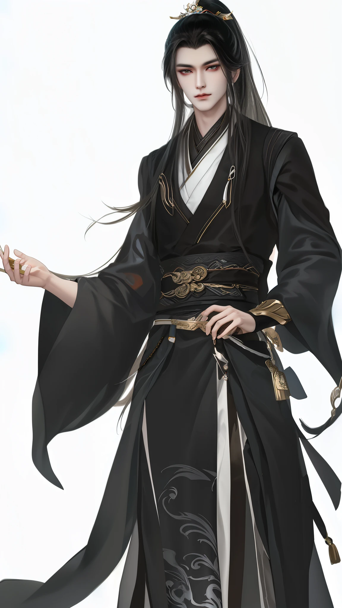 man wearing brown and white clothes, Wallpapers，high ponytails，heise jinyao, The exquisite prince, Inspired by Bian Shoumin, inspired by Guan Daosheng, full body xianxia, Beautiful prince, inspired by Zhang Han, inspired by Zhao Yuan,, flowing hair and long robes, longer sleeves，Narrow cuffs，robe，zhao yun, xianxia hero，white backgrounid，Eye focus，a sharp gaze，A high resolution，tmasterpiece，Best quality，32K,fix the hand，