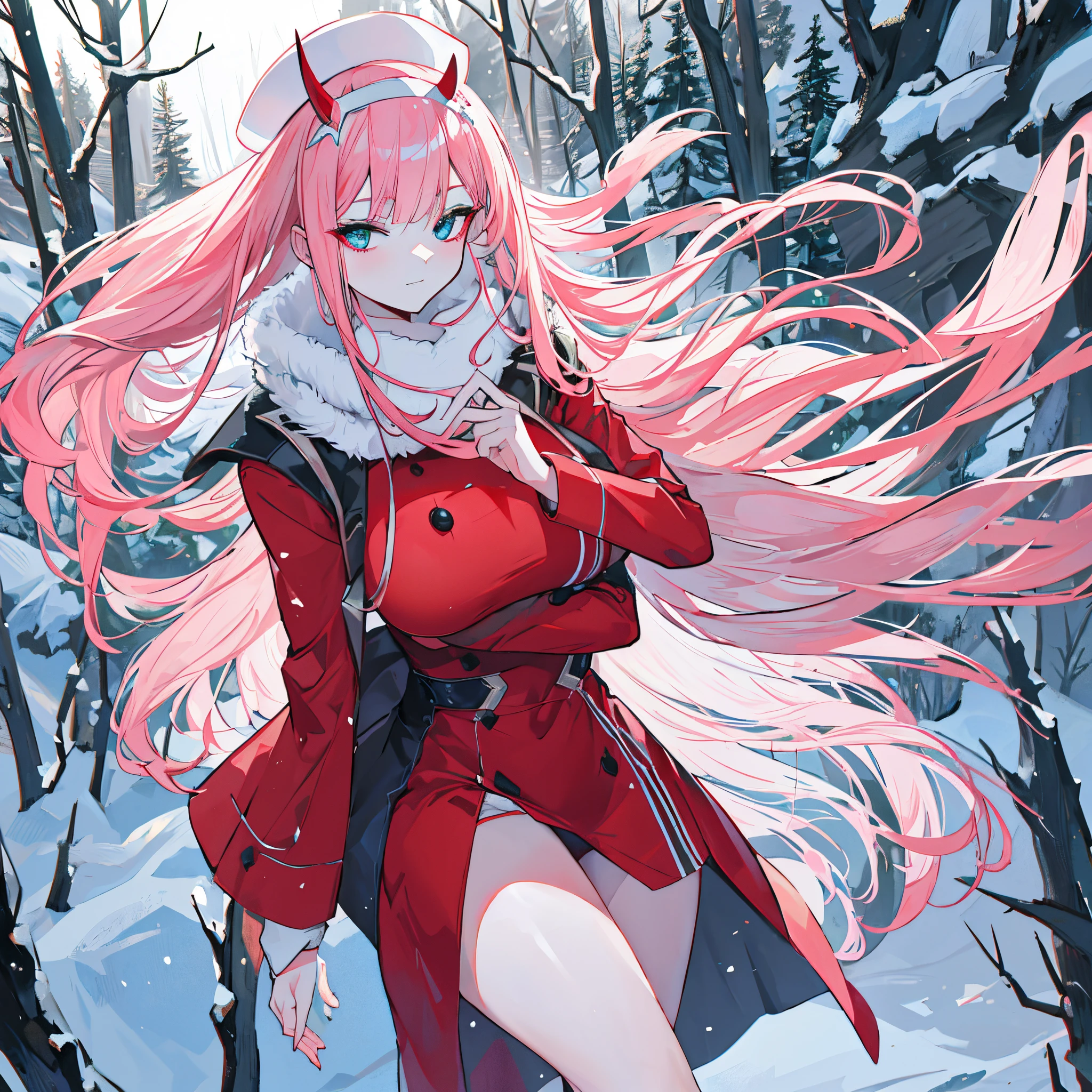 Zerotwo\（Dear in Franks\）， Dear in Franks，green russian hat, russian duchess, green duchess dress, warm clothes, in the forest, evening, snowy weather, atmospheric, 1girll， By bangs， nip， shadowing， long whitr hair， breast， upper legs， putting makeup on, red panties, closing her eyes, looking at viewer, cowboy shot, jawline, pair of small red horns, Pink hair，white hairband, Red Eyeshadow， Tighten the skin， 独奏, sexy pose, breast, ((detailed face)), ((detailed eyes)), badass, big booty, best quality, (4k anime style), blue lights in background, ((atmospheric))