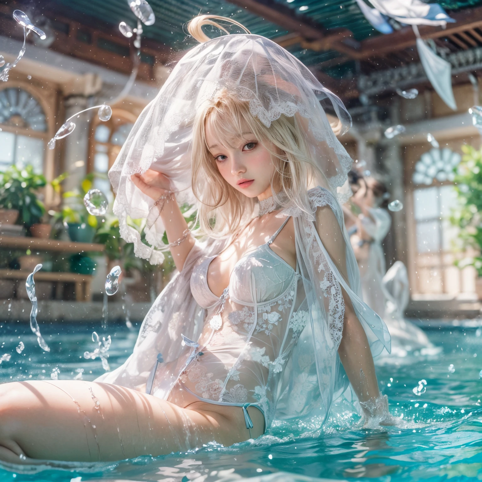 (masterpiece:1.28, Acutance, RAW, Realistic, 真实感: 1.37), realisticlying, softlighting. ( Tiny Girls jumping into the pool:1.2 )、{ Falling | splash water | shout | Luminous water surface | White and Vivid colors }, (under the mesmerizing back lighting), glistening ivory skin, sparkling highlights, Detailed KAWAII face with cute lips, long eyelashes, Delicate lace knitted clothes, Detailed open crotch, Whole Body proportions and all limbs are anatomically accurate . (correct limbs)