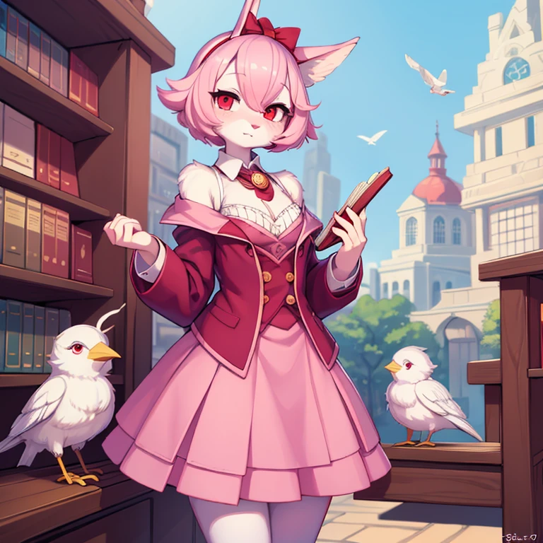 there is a bird with a pink dress and a white bird with red eyes, a character portrait by Yuumei, pixiv contest winner, furry art, the librarian, sentient bird, digital art on pixiv, from cryptid academia, anthropomorphic bird, librarian, beeple and jeremiah ketner, artwork in the style of guweiz