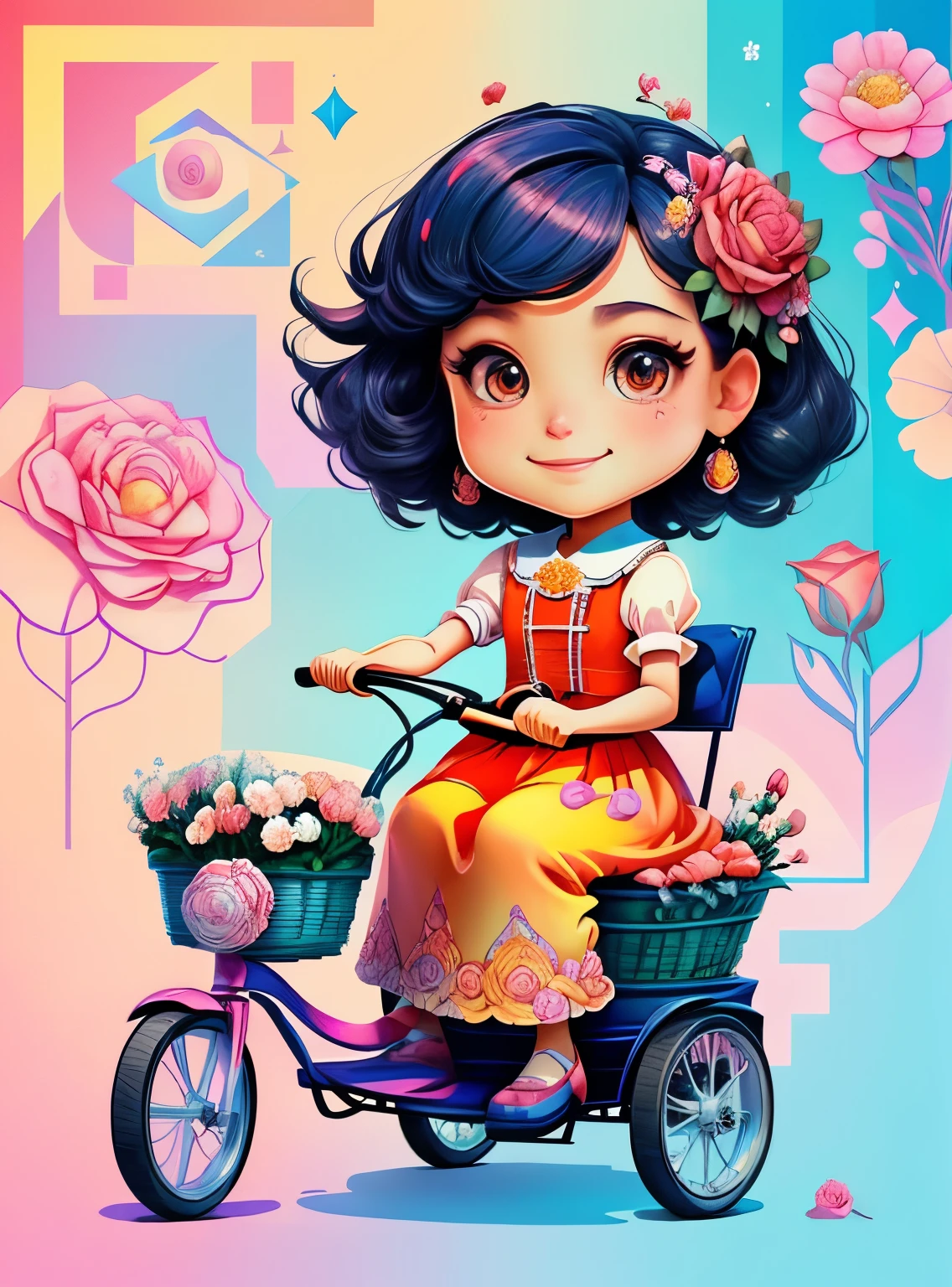 ((cute girl smiling in a tricycle with a basket of flowers)) - Criador: Walt Disney2023) ), ,, ( Walt Disney acolchoamento ,multidimensional geometric wall PORTRAIT, arte, Chibi,
Yang08k, lindo, Colouring,Rose
Primary works, qualidade superior, melhor qualidade, Arte Oficial, Beautiful and Aesthetic,)) ), ,,  Walt Disney acolchoamento ,multidimensional geometric wall PORTRAIT, arte, Chibi,
Yang08k, lindo, (Colouring, rosa), amarelo ,azul ,vermelho e branco)
Primary works, qualidade superior, melhor qualidade, Arte Oficial, Beautiful and Aesthetic,