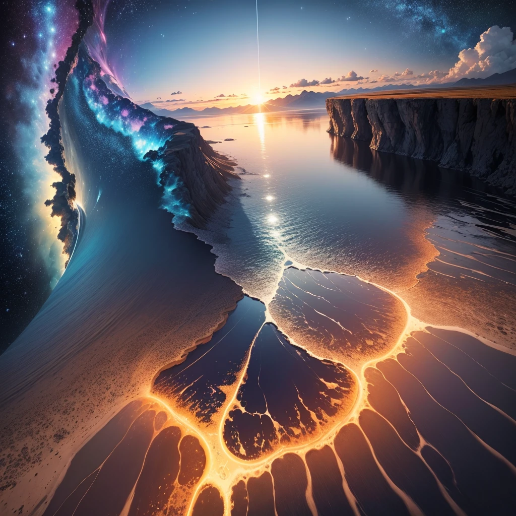planète avec Montagnes et lac Magic Valley, Planètes、intergalactique、nuage、Et une rivière et un ciel magnifique, Un hyper-réaliste, 4K, résEau d'images , brillant, magnifique, bEau, 8k, ULTRAHD , coucher de soleil , océan d'Eau , Ultra réaliste , Soleil , Mise au point nette maximale , vue terrestre sur les espaces , Nuit , Voie Lactée , pluie de météorites en flamme vitesse hypersonique