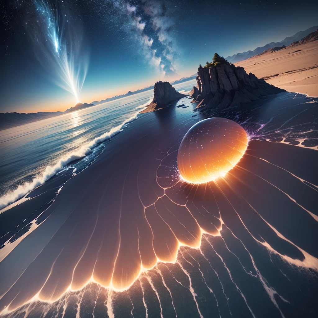 planète avec Montagnes et lac Magic Valley, Planètes、intergalactique、nuage、Et une rivière et un ciel magnifique, Un hyper-réaliste, 4K, résEau d'images , brillant, magnifique, bEau, 8k, ULTRAHD , coucher de soleil , océan d'Eau , Ultra réaliste , Soleil , Mise au point nette maximale , vue terrestre sur les espaces , Nuit , Voie Lactée , pluie de météorites en flamme vitesse hypersonique