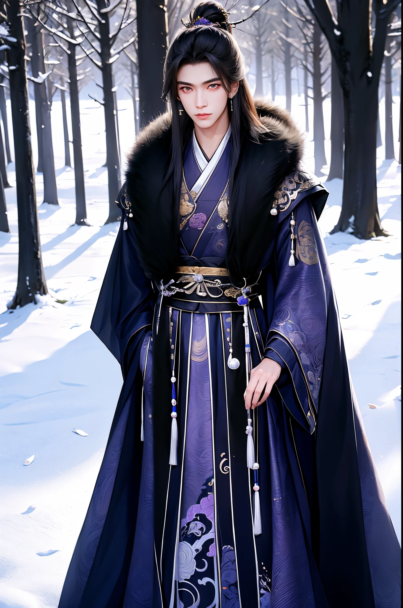 (Best quality,A high resolution,The image is clear:1.2),Ultra detailed backgrounds,Beautiful man standing holding sword，mesmerizing eyes，，wind blowing through，Chinese style clothes,Purple robe，Black fur collar cloak，Garden scene,under moonlight,waterfallr，Romantic atmosphere,Dutch Angle Shot,gentlesoftlighting,portrait of upper body，sharp look，luxury prince，Hair embellishments，