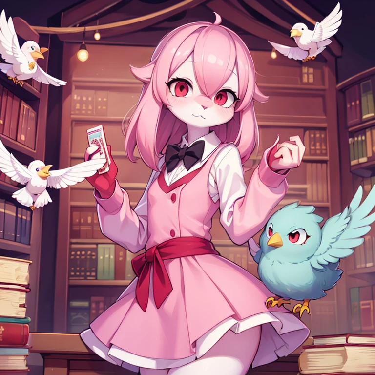 there is a bird with a pink dress, white bird with red eyes, a character portrait by Yuumei, pixiv contest winner, furry art, the librarian, sentient bird, digital art on pixiv, from cryptid academia, anthropomorphic bird, librarian, beeple and jeremiah ketner, artwork in the style of guweiz