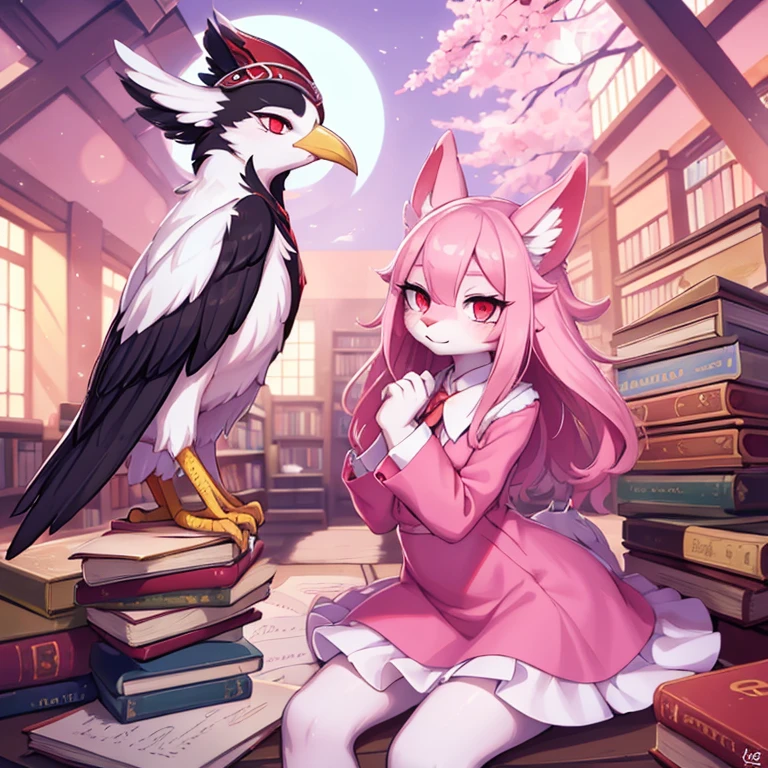 there is a bird with a pink dress, white bird with red eyes, a character portrait by Yuumei, pixiv contest winner, furry art, the librarian, sentient bird, digital art on pixiv, from cryptid academia, anthropomorphic bird, librarian, beeple and jeremiah ketner, artwork in the style of guweiz