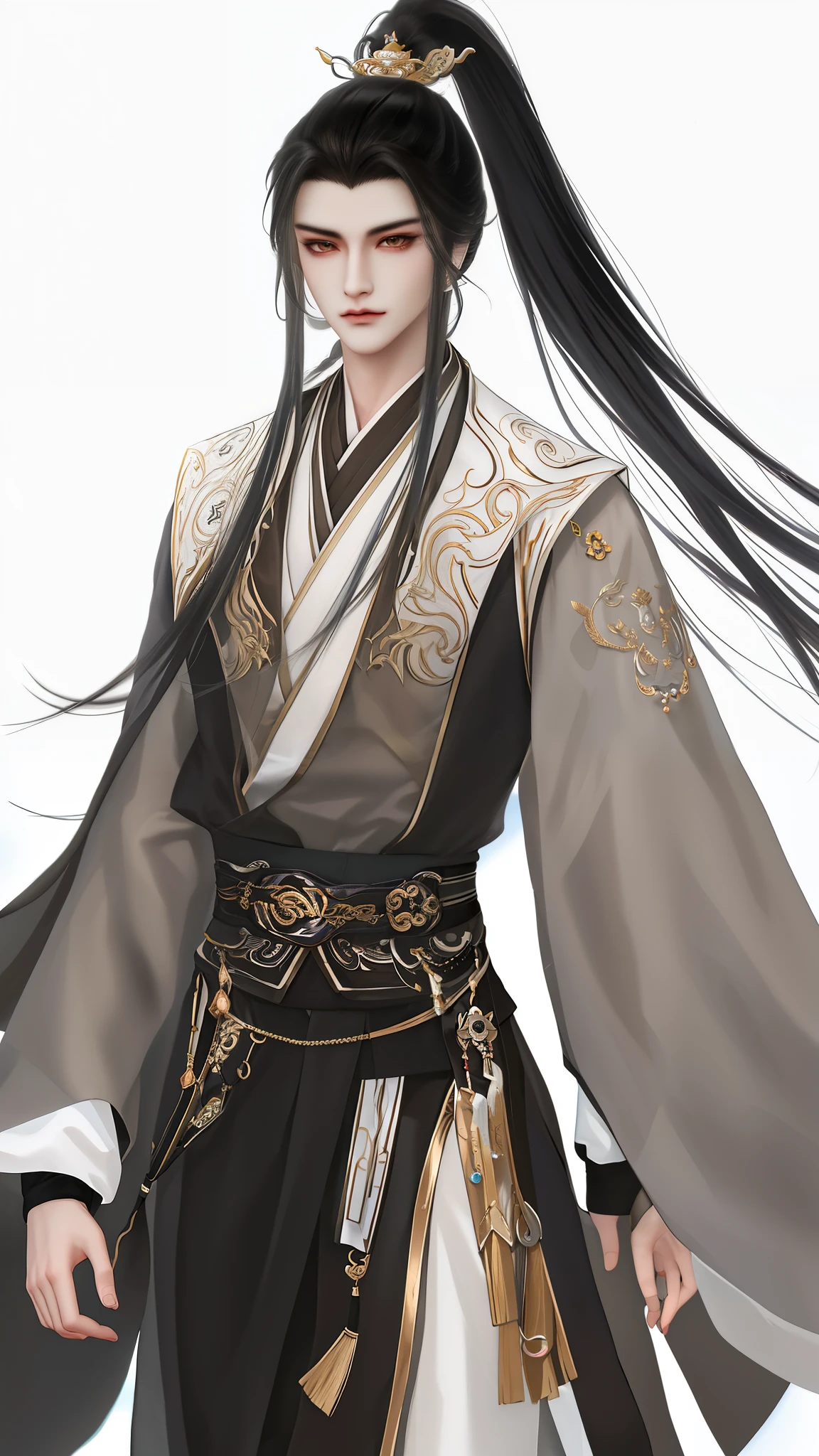 man wearing brown and white clothes, Wallpapers,high ponytails,heise jinyao, The exquisite prince, Inspired by Bian Shoumin, inspired by Guan Daosheng, full body xianxia, Beautiful prince, inspired by Zhang Han, inspired by Zhao Yuan,, flowing hair and long robes, longer sleeves,Narrow cuffs,zhao yun, xianxia hero,white backgrounid,Eye focus,a sharp gaze,A high resolution,tmasterpiece,Best quality at best,32K,fix the hand,
