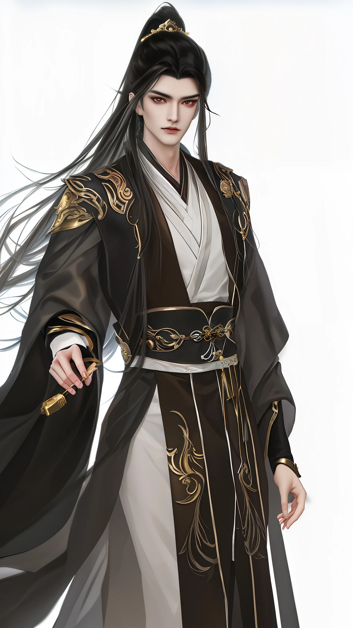 man wearing brown and white clothes, Wallpapers,high ponytails,heise jinyao, The exquisite prince, Inspired by Bian Shoumin, inspired by Guan Daosheng, full body xianxia, Beautiful prince, inspired by Zhang Han, inspired by Zhao Yuan,, flowing hair and long robes, longer sleeves,Narrow cuffs,robe,zhao yun, xianxia hero,white backgrounid,Eye focus,a sharp gaze,A high resolution,tmasterpiece,Best quality at best,32K,fix the hand,