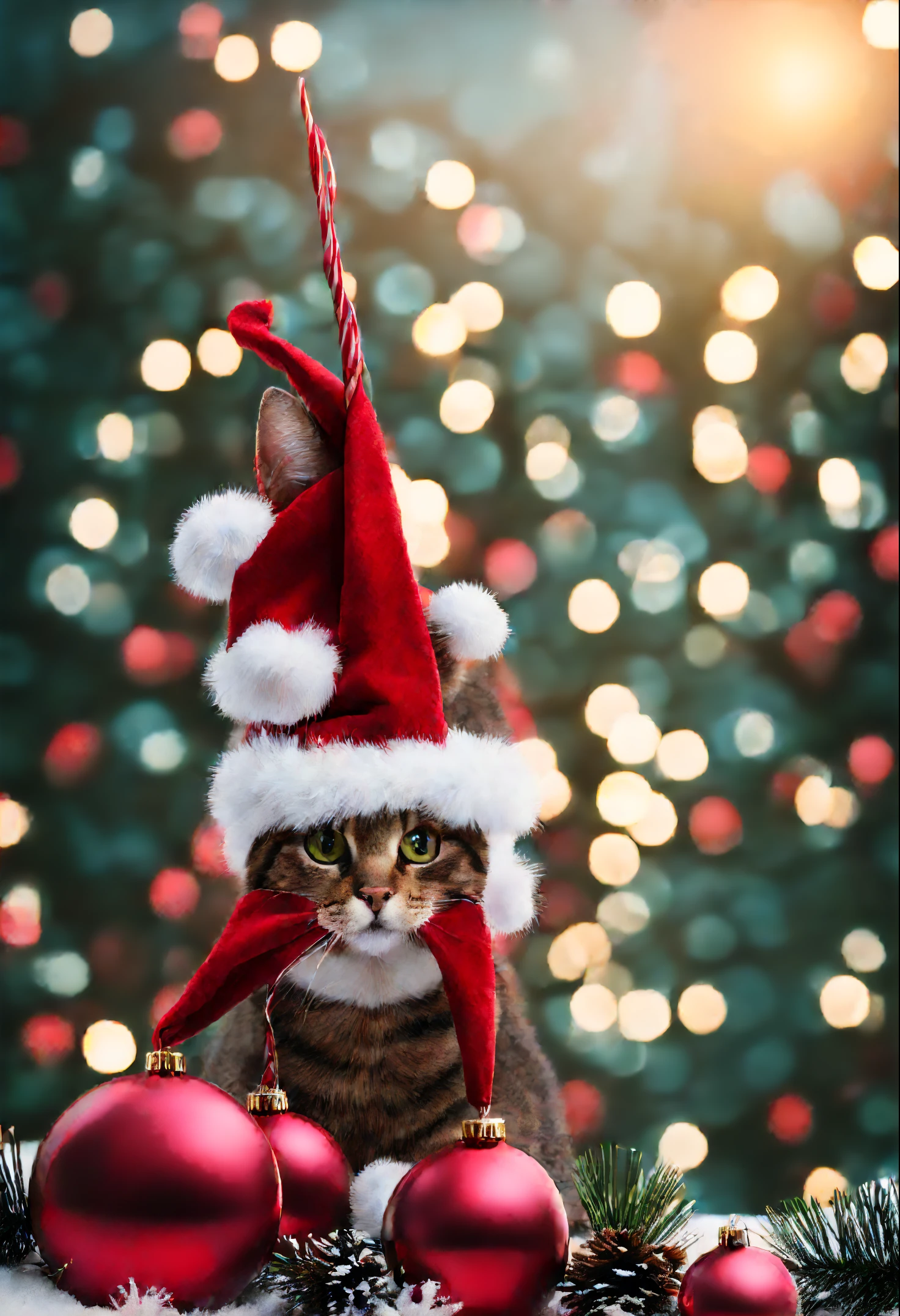 Natal,gato em fantasia de Natal Fotorrealista,4k com arvore de natal no fundo com neve no chao com olhar orgulhoso fofo