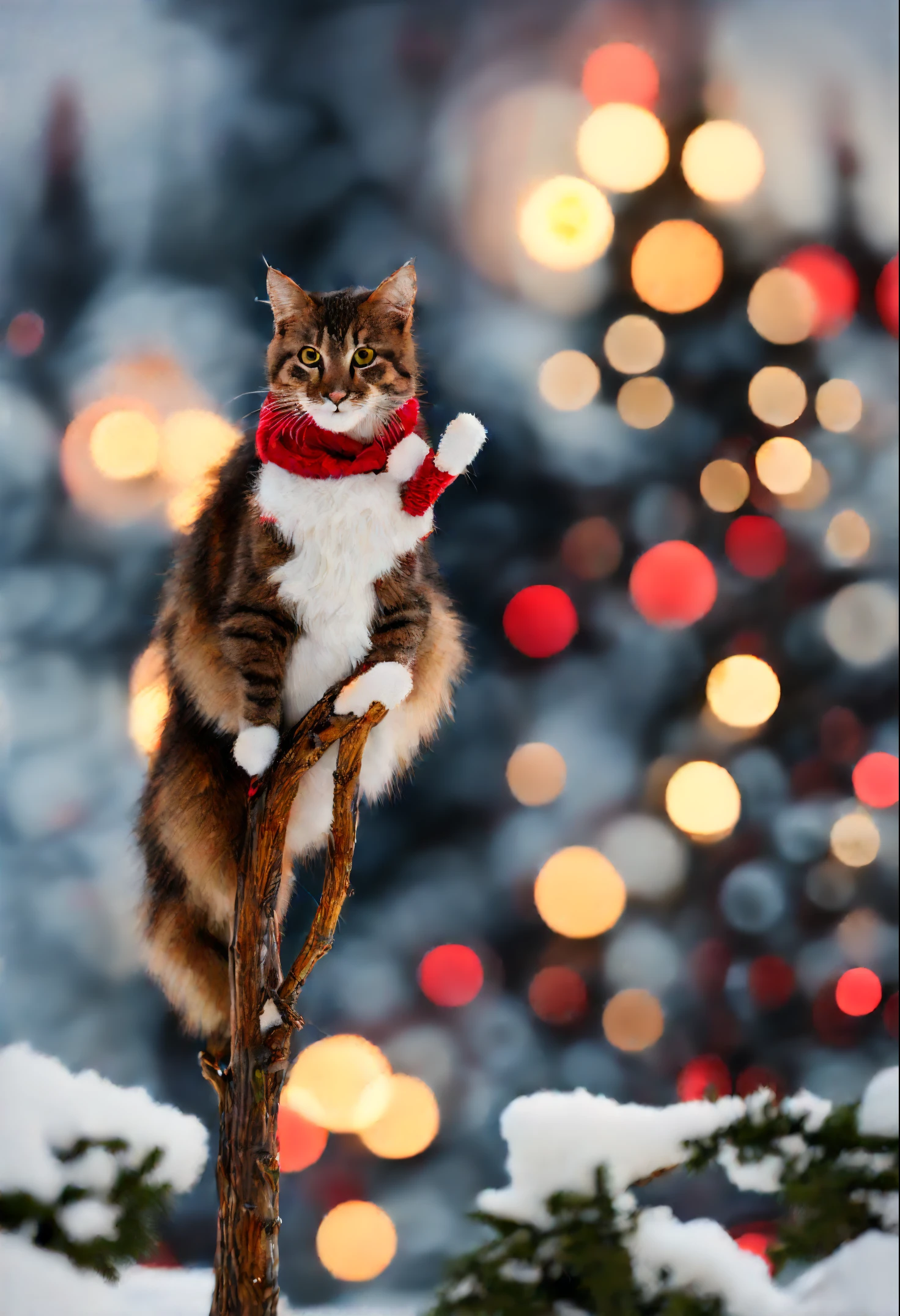 Natal，gato em fantasia de Natal Fotorrealista，4k com arvore de natal no fundo com neve no chao com olhar orgulhoso fofo
